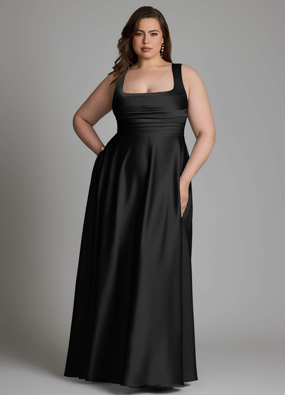 Azazie Azaria At-home Try On Dresses Black A-Line Corset Stretch Satin Dress image6