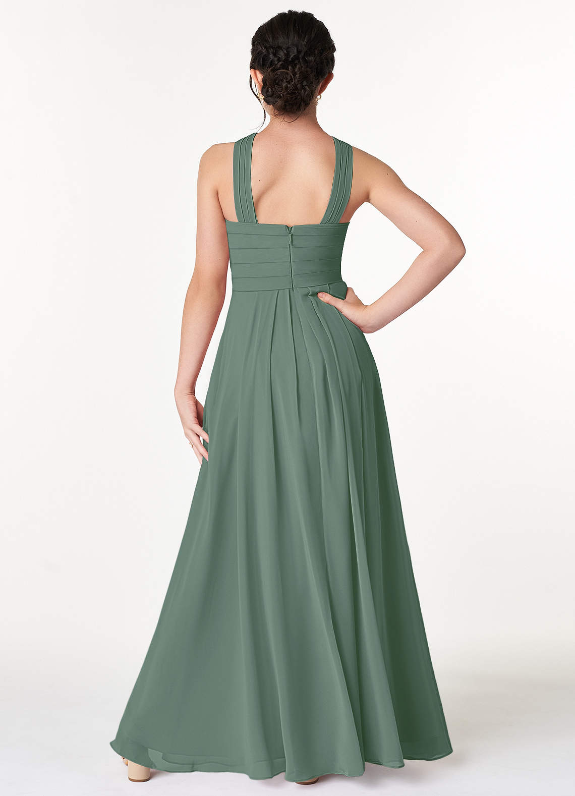 Azazie Kaleigh Junior Vestido Eucalipto de Chiffon de Linha A com Plissado image1