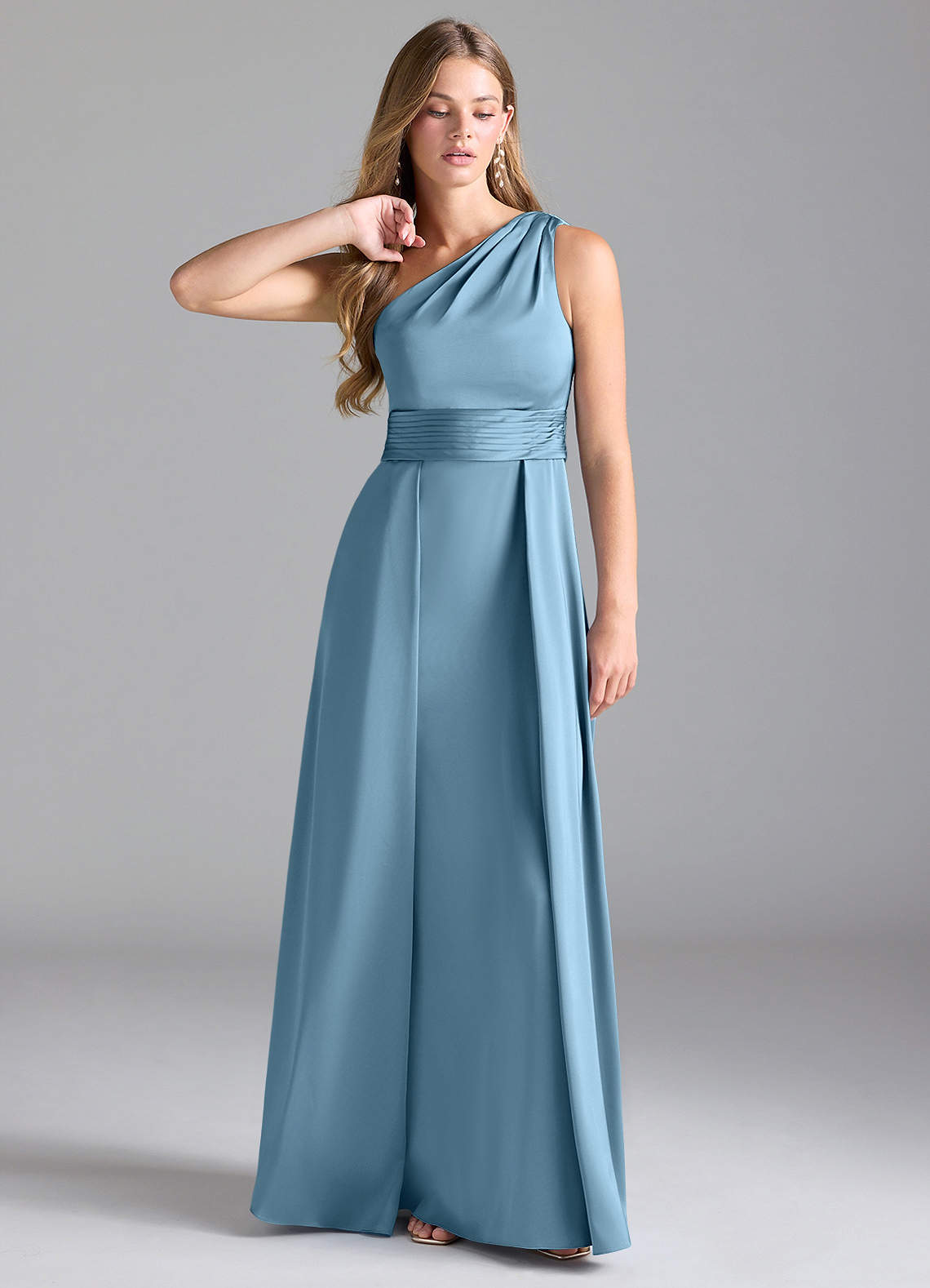 Azazie Dallas Vestidos de damas de honor Vestido de Azul Acero de Satén Elástico de Corte en A con Hombro unilateral image1