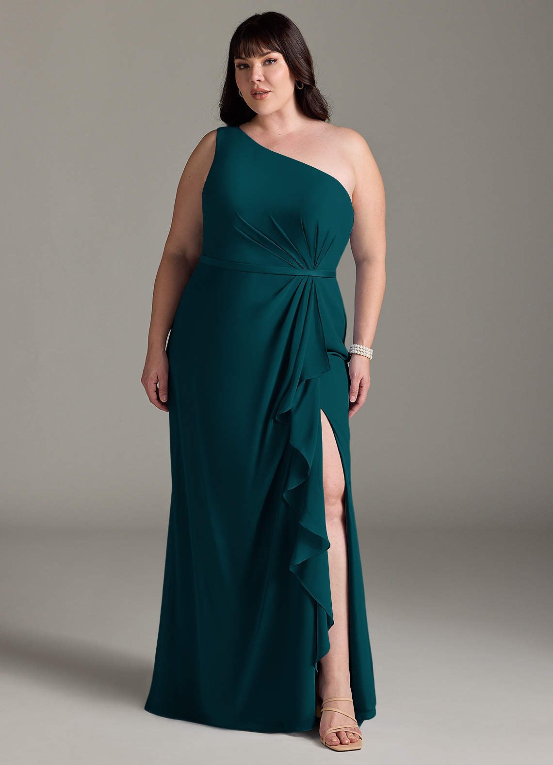 Azazie Liza Bridesmaid Dresses Pine Mermaid One Shoulder Chiffon Dress image1