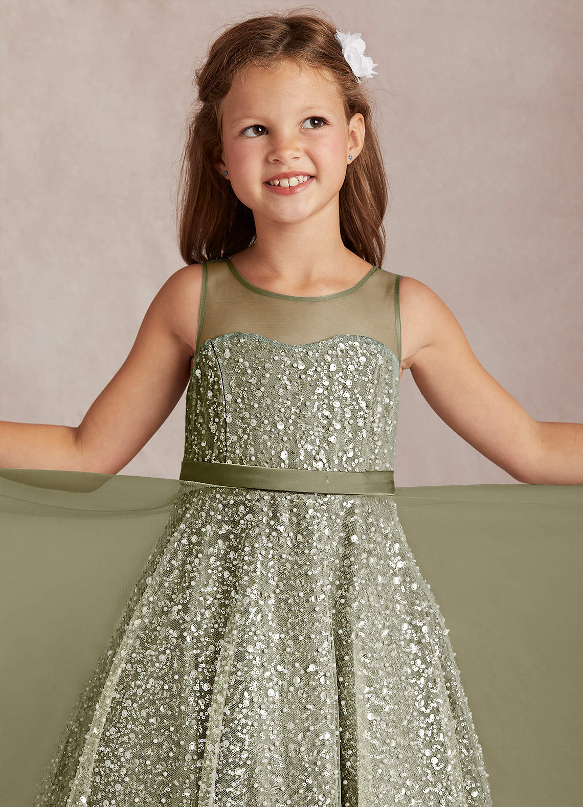 Azazie Siwa Flower Girl Dresses Pistachio A-Line Beaded Tulle Dress image1