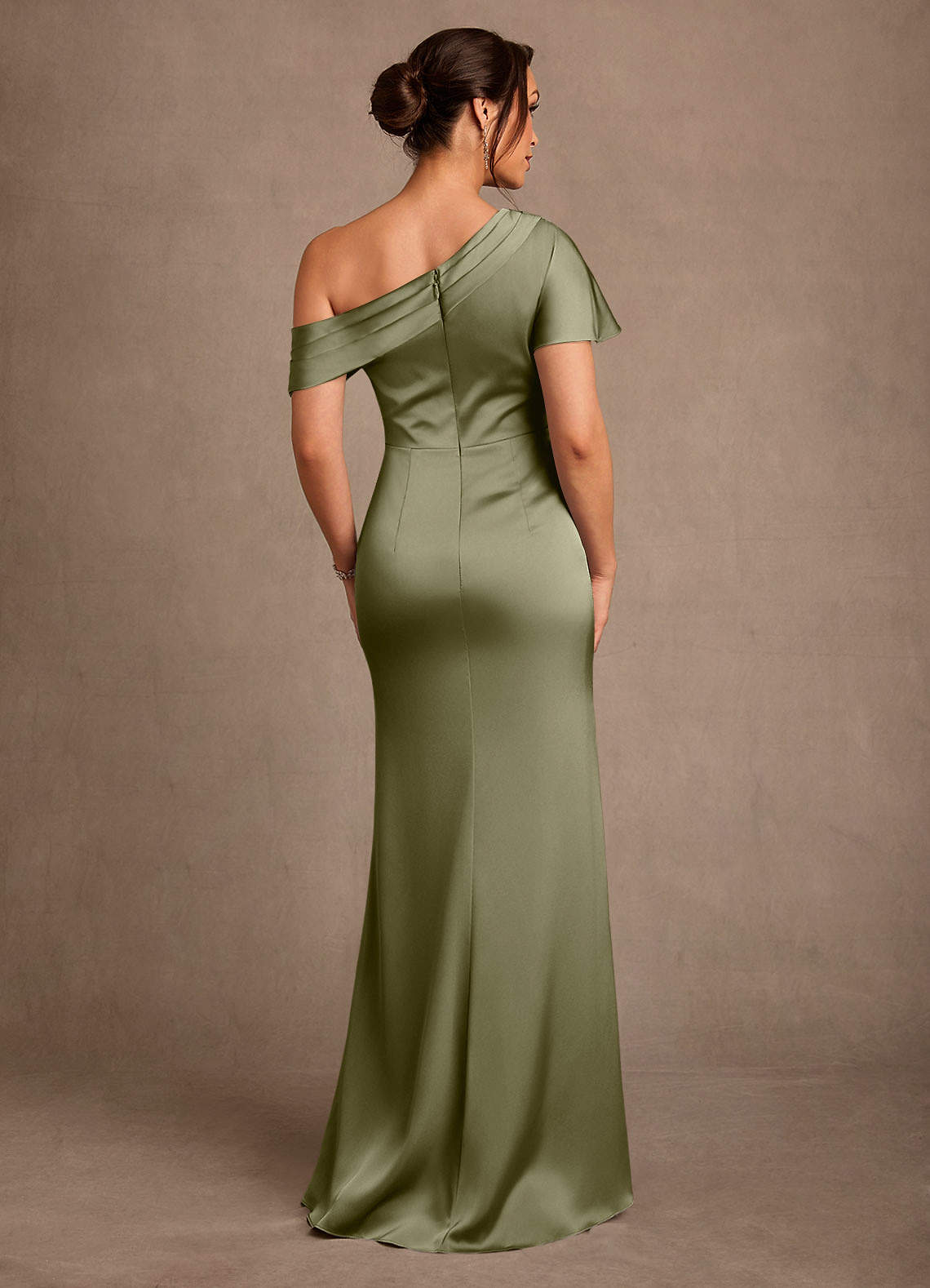 Azazie Rutha Mother of the Bride Dresses Pistachio Sheath One Shoulder Stretch Satin Dress image1