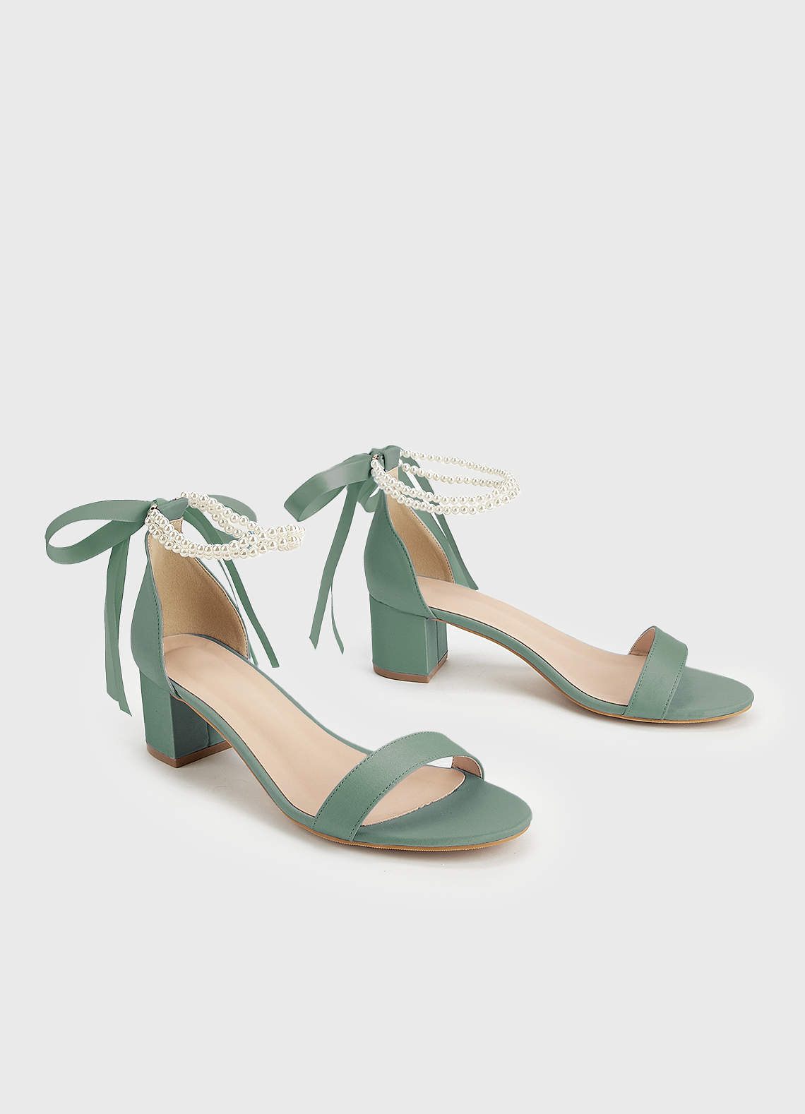 front Matching Color Matte Satin Pearl and Bow Open Toe Chunky Heel Sandals
