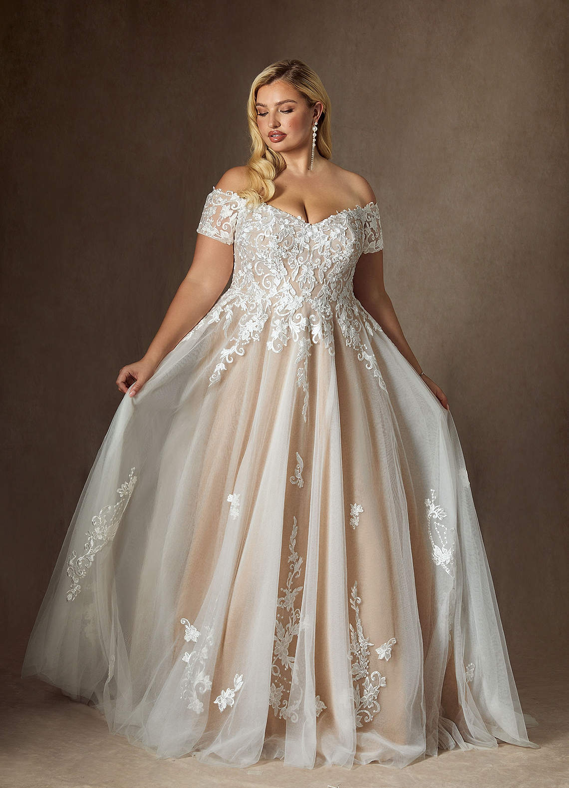 Azazie Rowe Wedding Dresses Diamond White Caramel Ball-Gown Off the Shoulder Tulle Dress image1