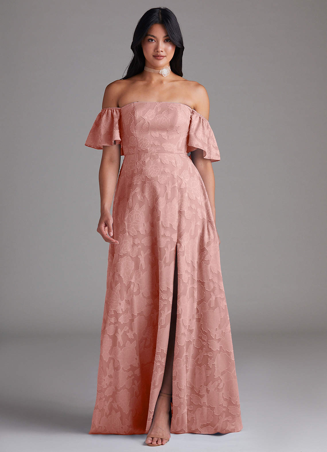 Azazie Sue Bridesmaid Dresses Rosette A-Line Off the Shoulder Floral Burnout Convertible Dress image1