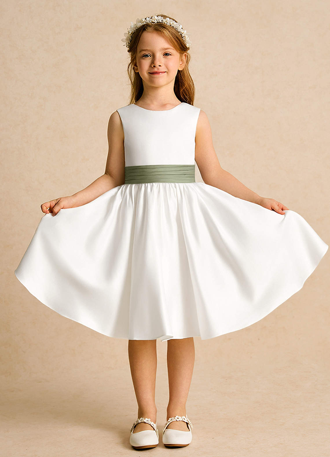 Azazie Sosie Vestidos de florista Vestido Marfim Pistache de Cetim fosco de Linha A com Plissado image1