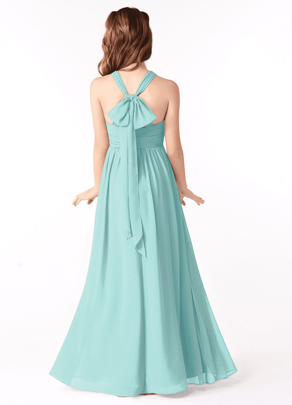 Azazie Jaylah Junior Robe Trapèze en Mousseline de soie Rayé Aqua image1