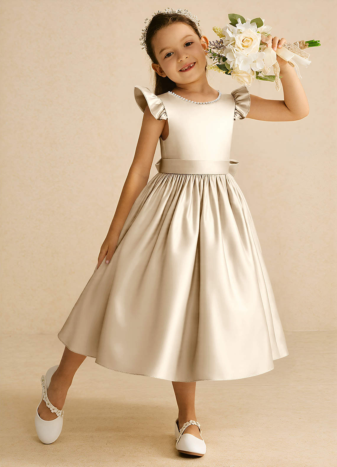 Azazie Dumpling Flower Girl Dresses Champagne A-Line Bow Matte Satin Dress image2