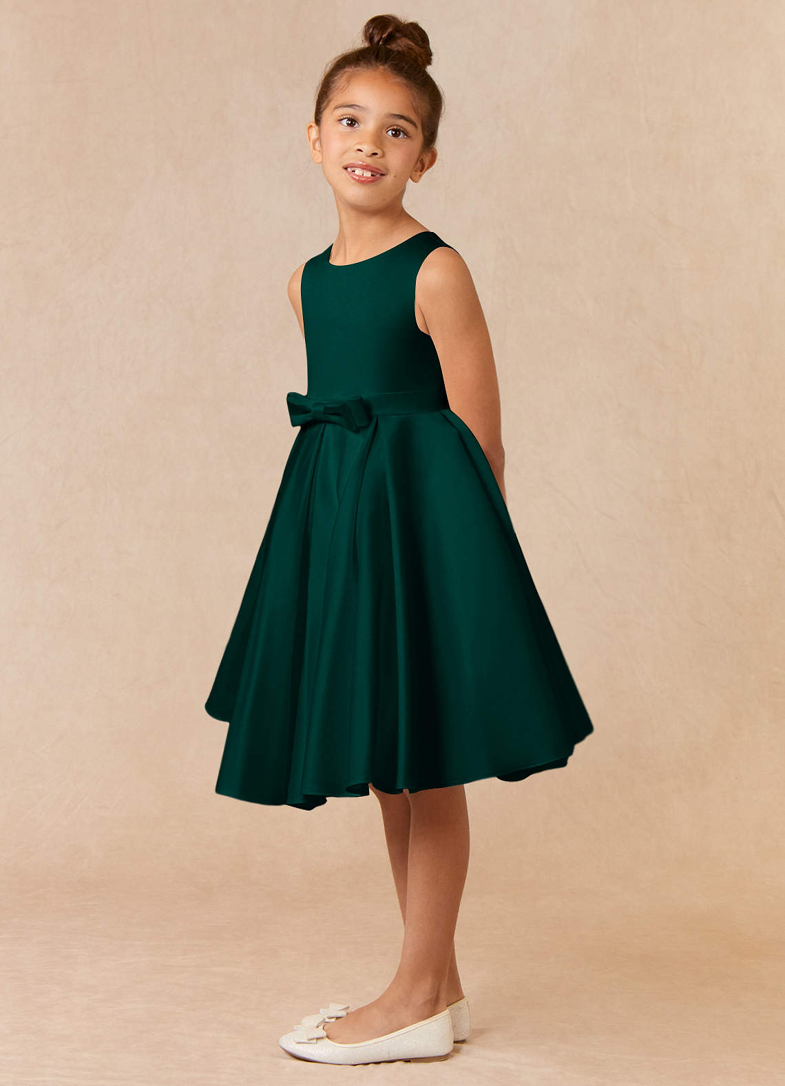 Pine Azazie Coco A-Line Bow Matte Satin Knee-Length Dress | Azazie