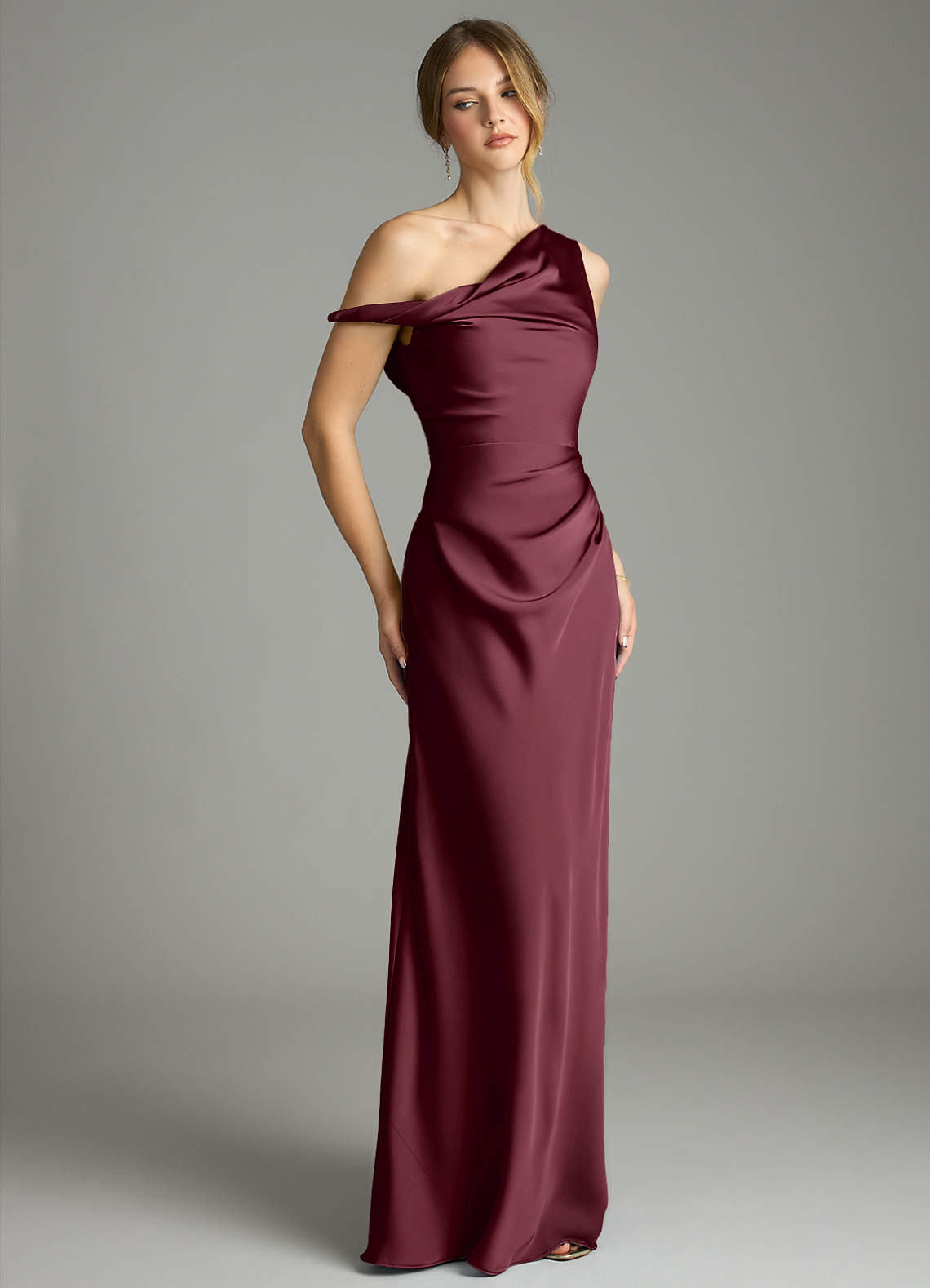 Azazie Emerson Bridesmaid Dresses Cabernet Mermaid Off the Shoulder Stretch Satin Dress image4