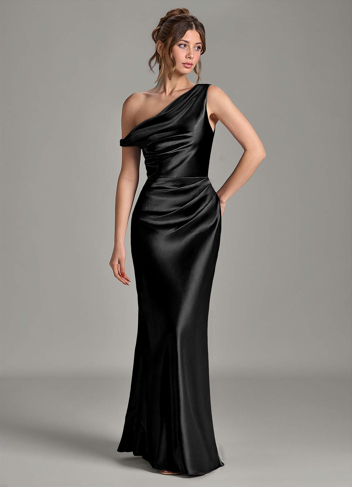 Azazie Emerson At-home Try On Dresses Black Mermaid Off the Shoulder Metallic Satin Dress image3