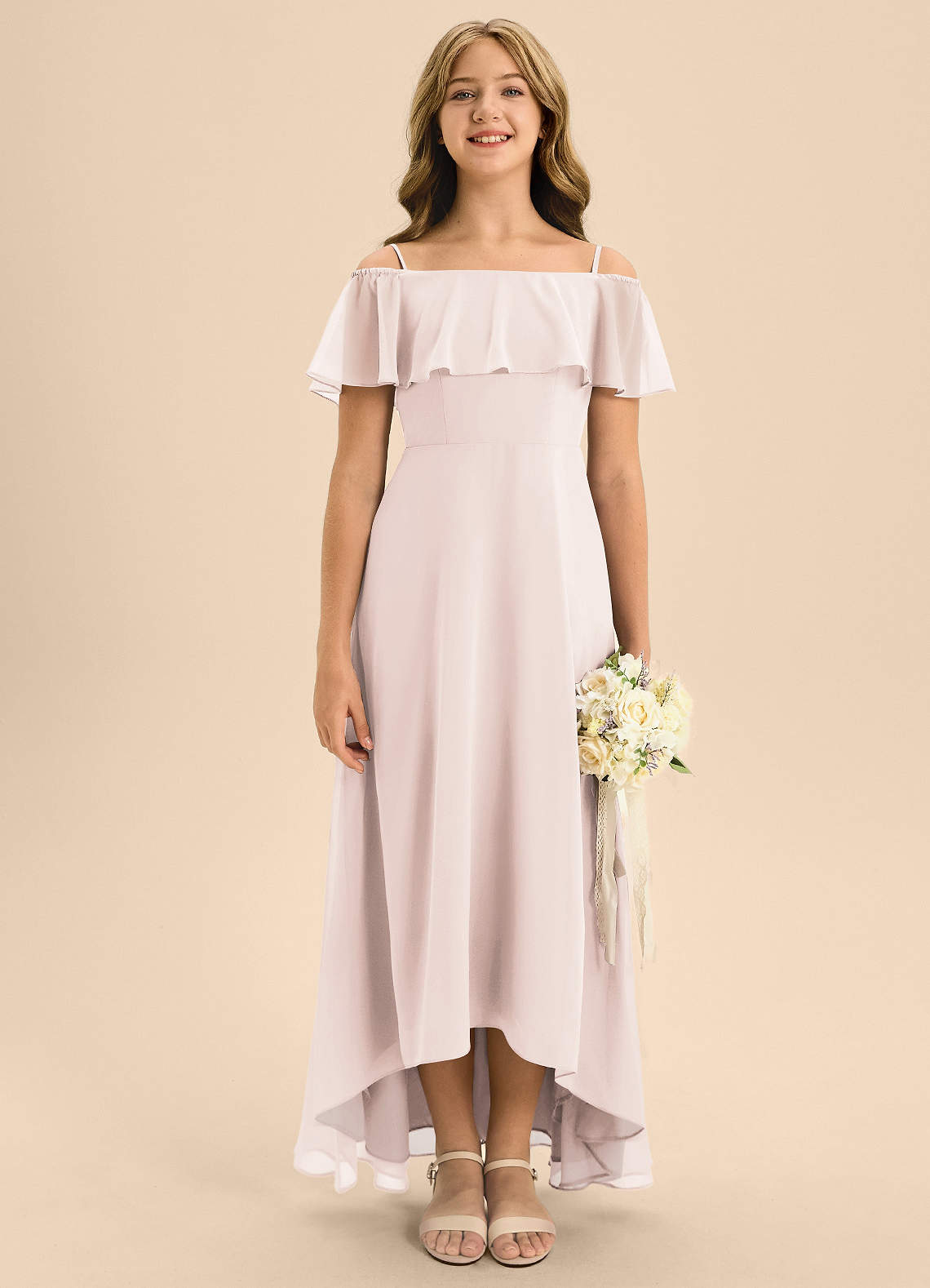 Azazie Maggie Junior Rose Petal A-Line Off the Shoulder Chiffon Dress image1