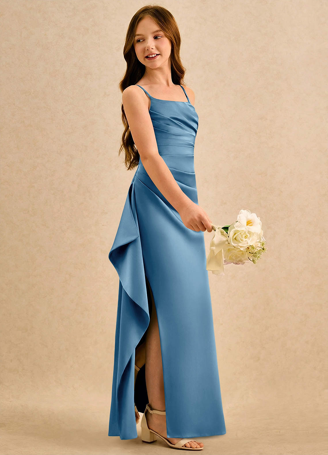 Azazie Cannoli Girls Formal Vestidos de florista Vestido Aço Azul de Cetim fosco de Linha A com Plissado image3