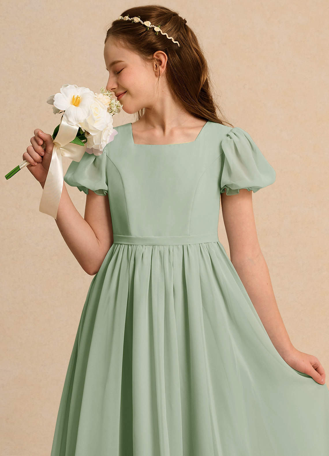 Azazie A-Line Square Neck Ankle-Length Chiffon Flower Girl Dresses - Dusty Sage Azazie A-Line Square Neck Ankle-Length Chiffon Flower Girl Dresses - Dusty Sage