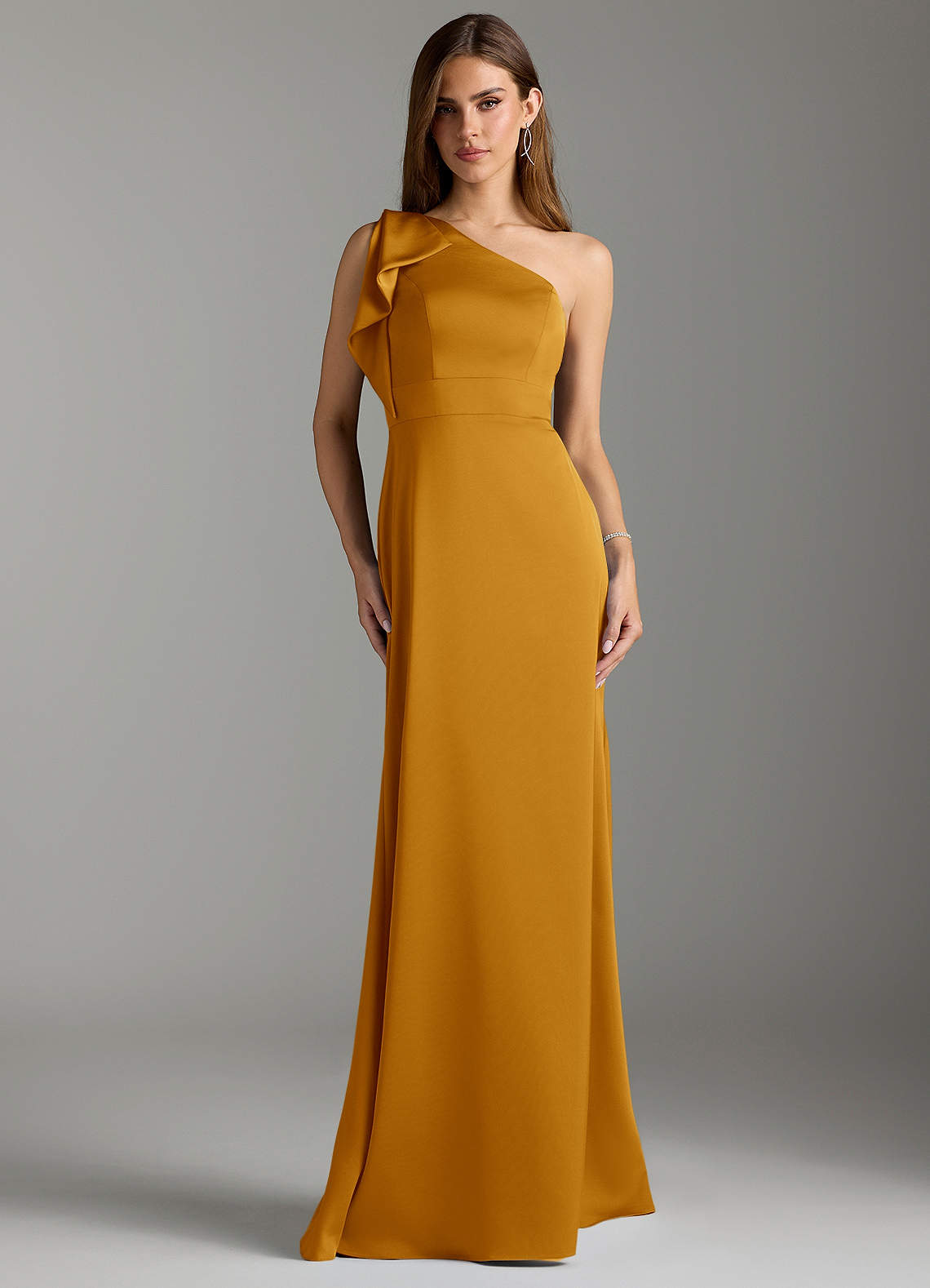 Azazie Rinna Bridesmaid Dresses Butterscotch Mermaid Ruched Stretch Satin Dress image1