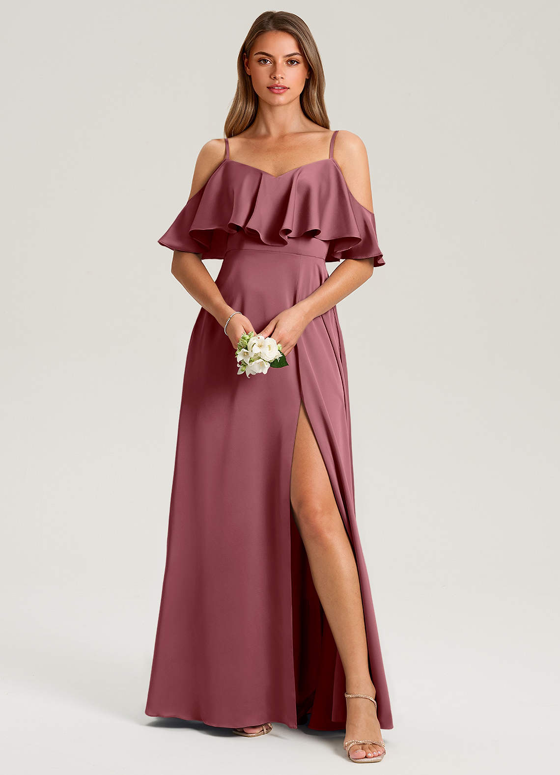 Azazie Jean Brautjungfernkleider A-Linie Schulterfrei Stretch-Satin Kleid Wüstenrose image1