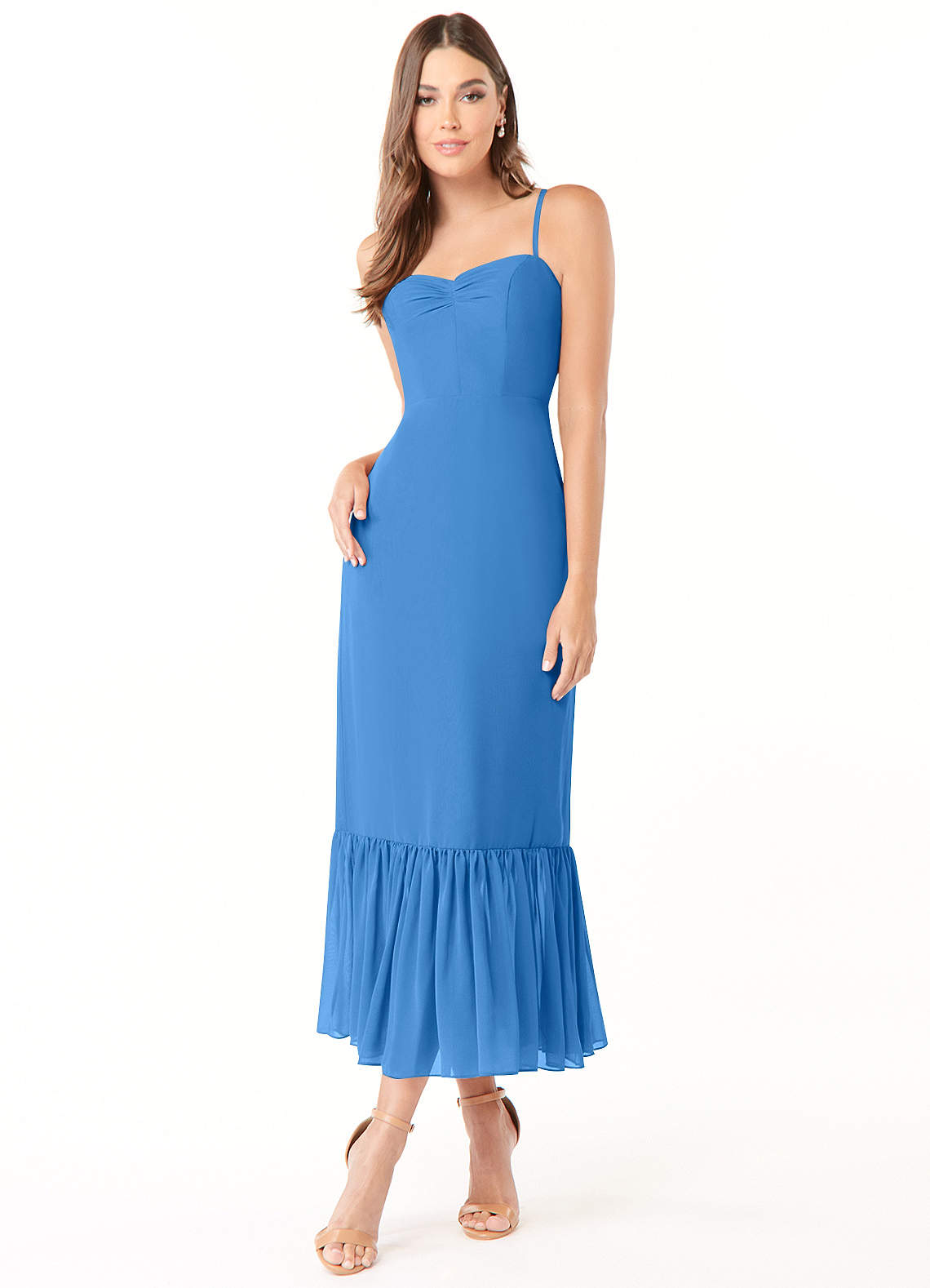Azazie Justina Robes de demoiselle d'honneur Robe Trapèze en Mousseline de soie Encolure en Forme de Cœur Geai Bleu image1