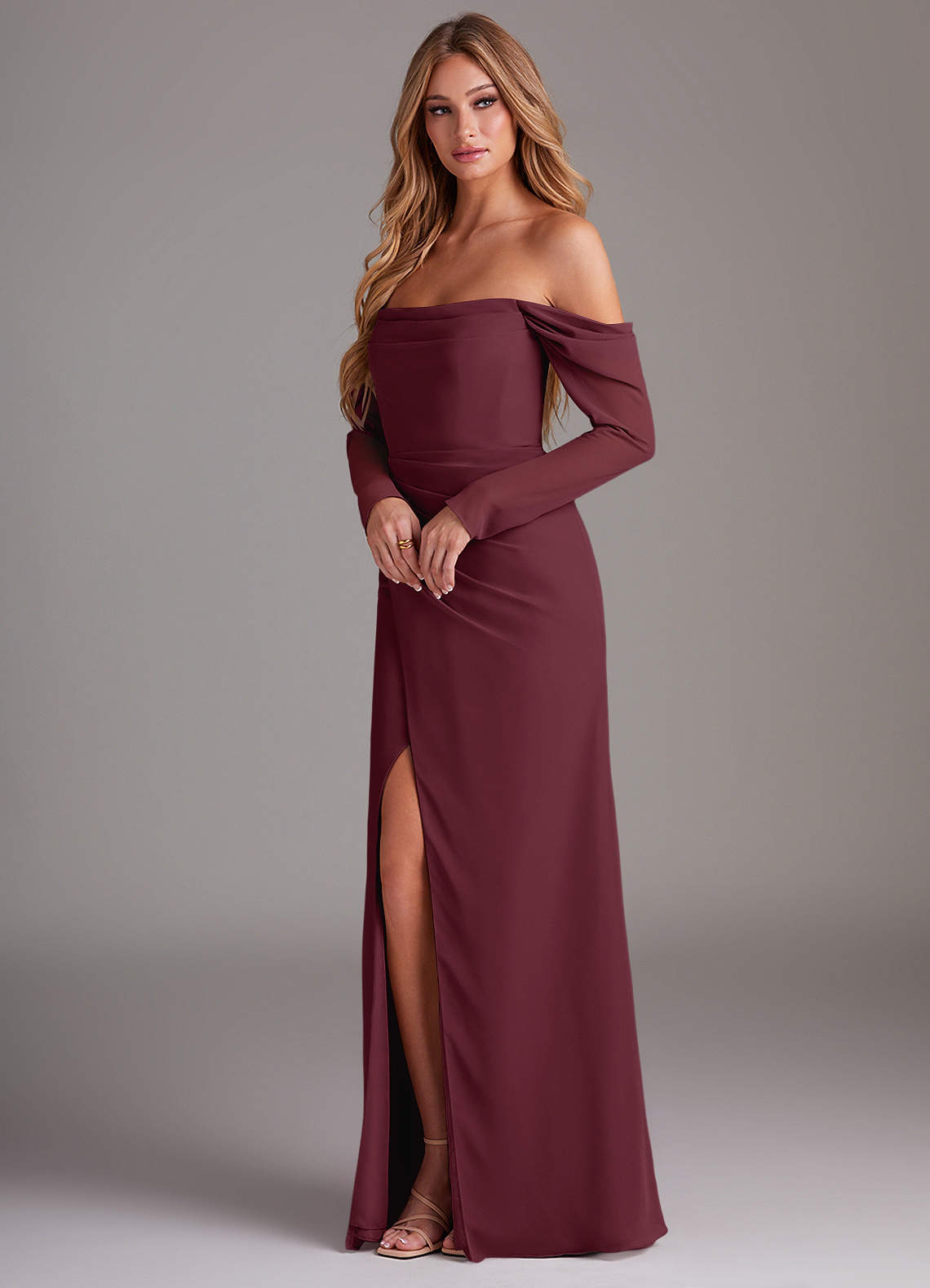 Azazie Hallie Bridesmaid Dresses Cabernet Mermaid Long Sleeve Chiffon Dress image2
