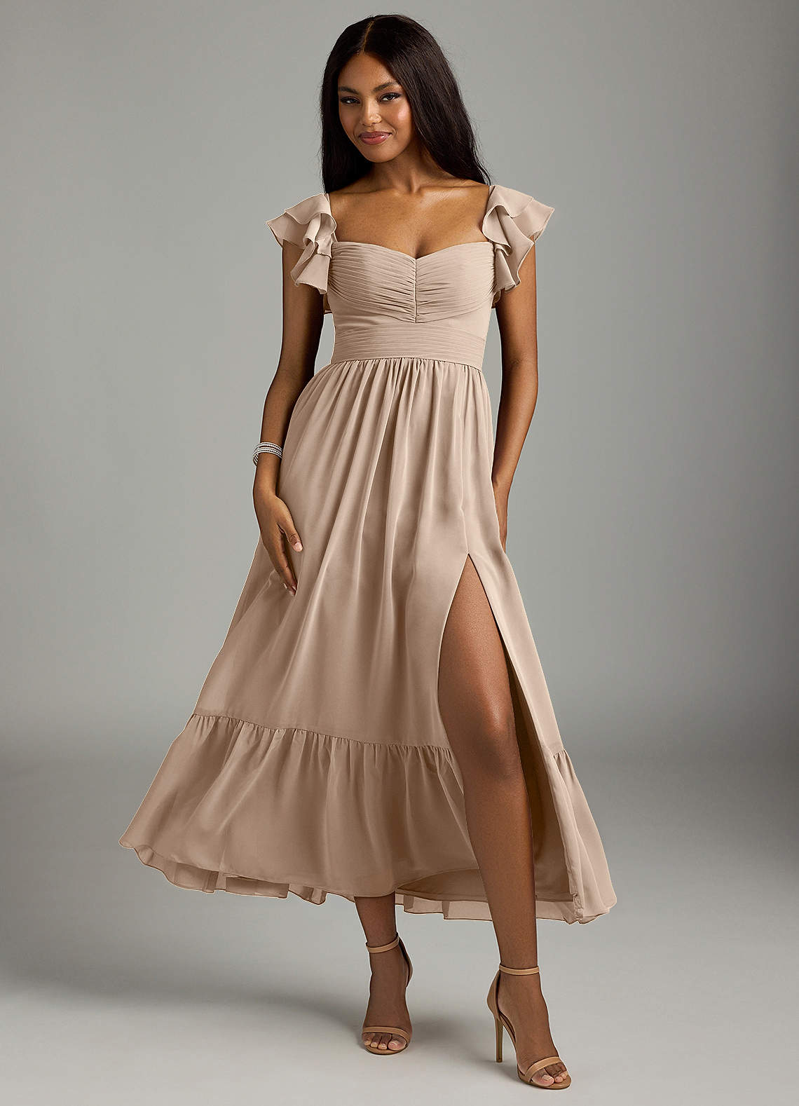 Azazie Anaya Bridesmaid Dresses Taupe A-Line Pleated Chiffon Dress image1