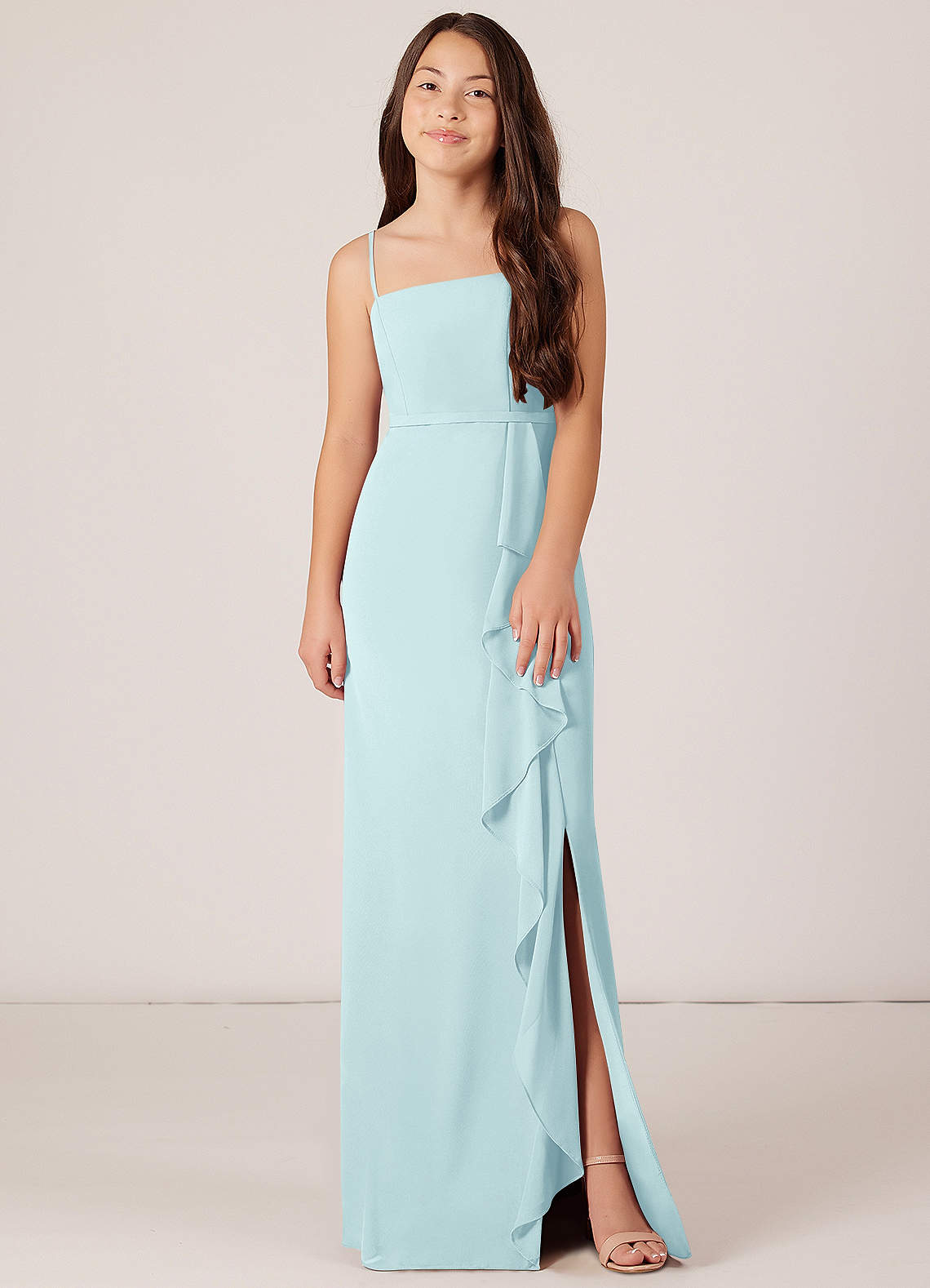 Azazie Kaylee Junior Sea Glass A-Line with Belt Chiffon Dress image1