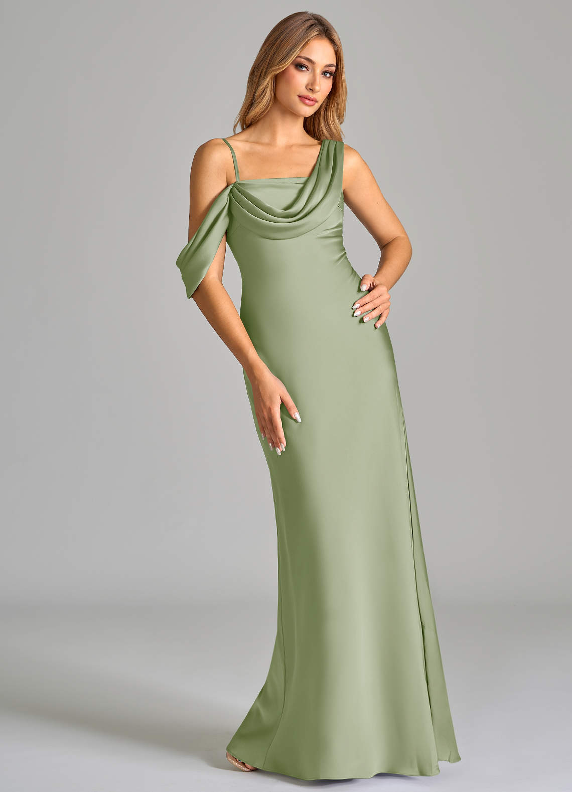 Azazie Celina Bridesmaid Dresses Dusty Sage Sheath Off the Shoulder Stretch Satin Dress image1