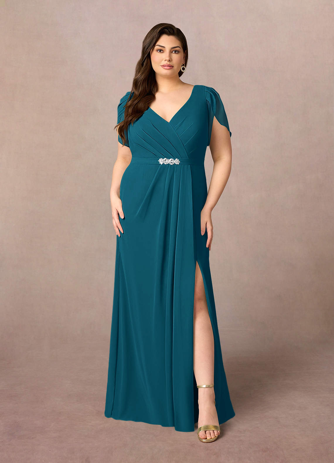 Azazie Marianne Abiti per la Madre della Sposa Abito Tubino in Chiffon con Scollo a V a Pieghe Blu Inchiostro image1