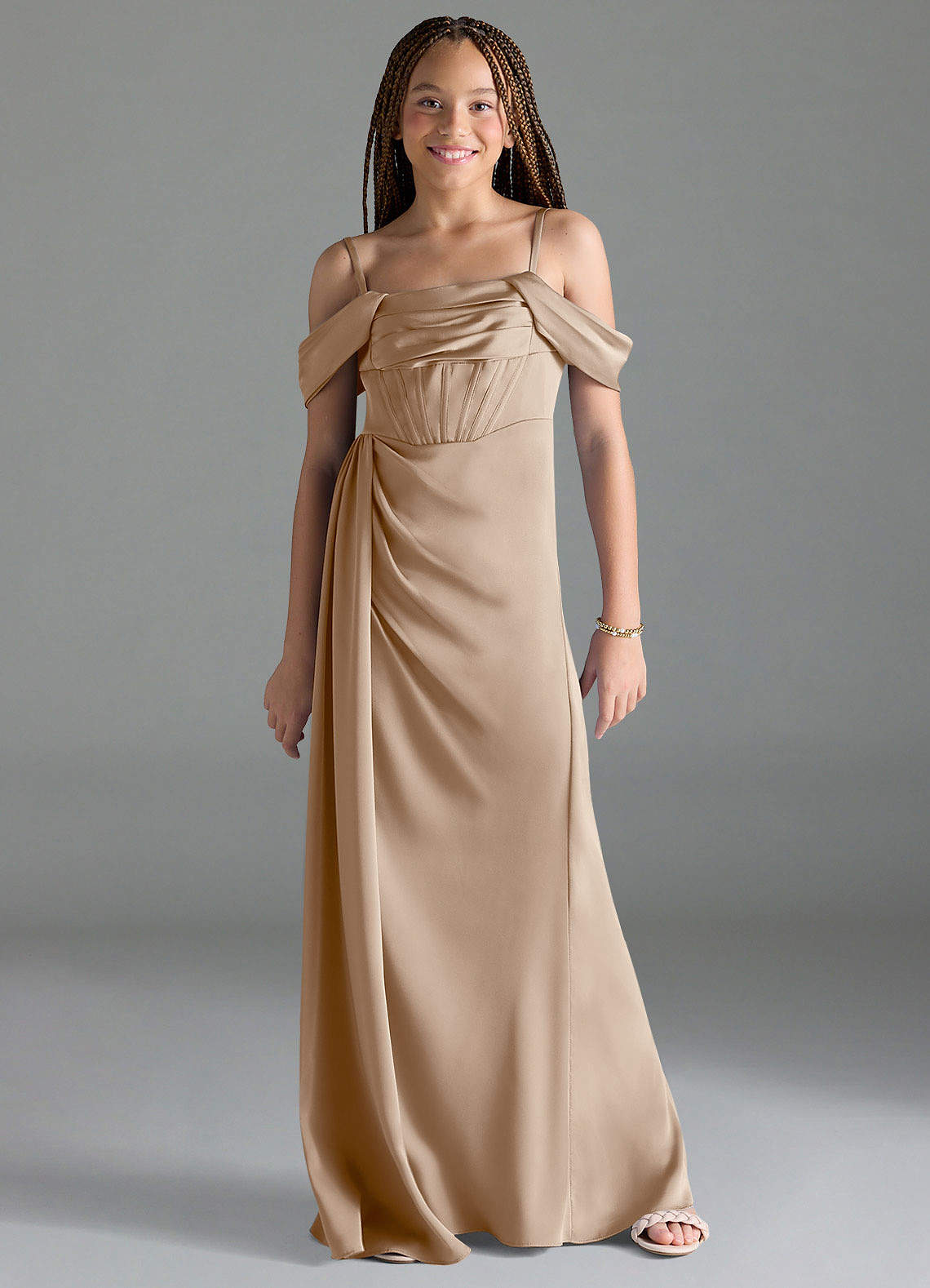 Azazie Amyra Junior Taupe Sheath Off the Shoulder Stretch Satin Dress image1