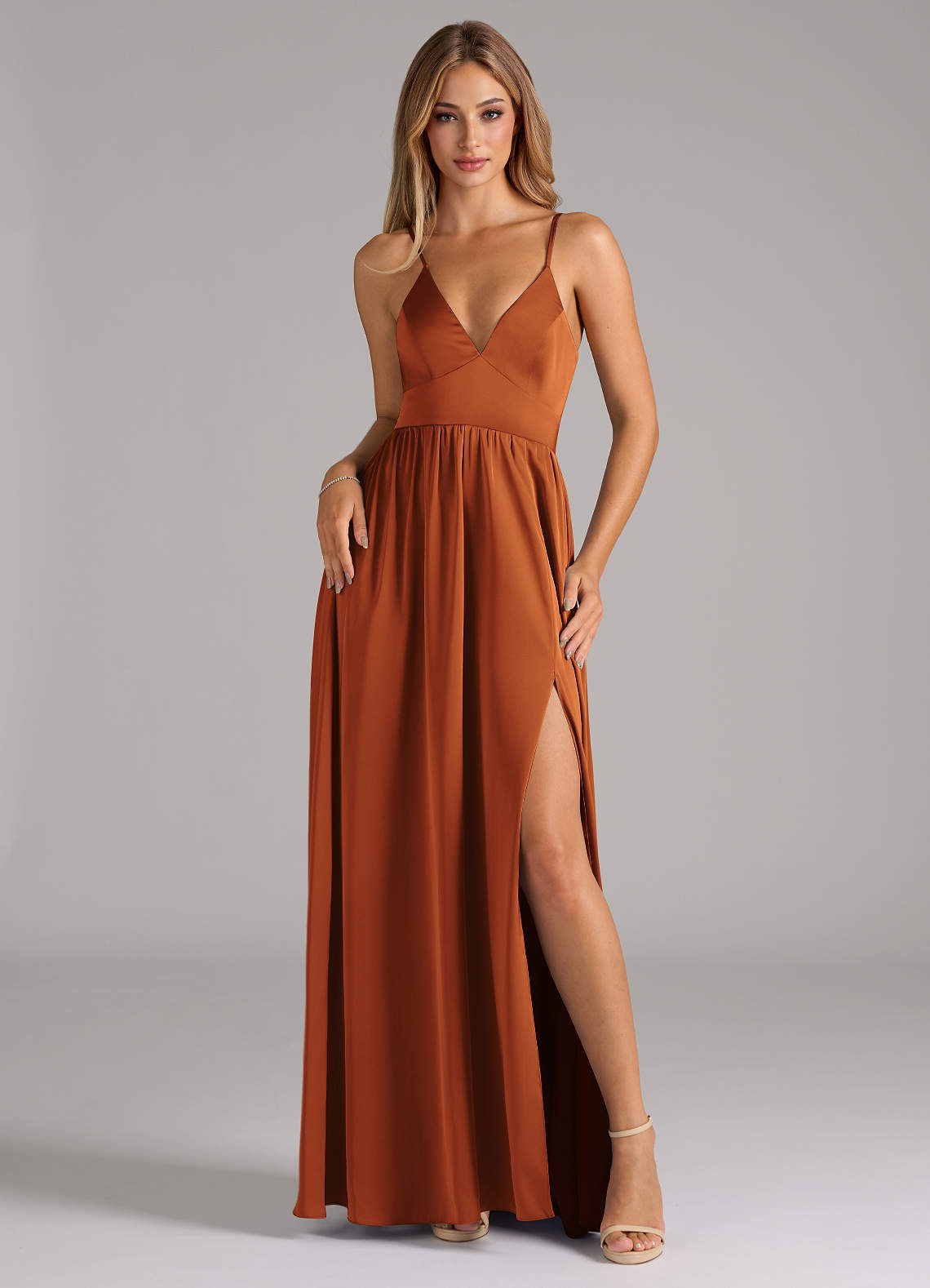 Azazie Aaida Bridesmaid Dresses Cinnamon A-Line Corset Stretch Satin Dress image1