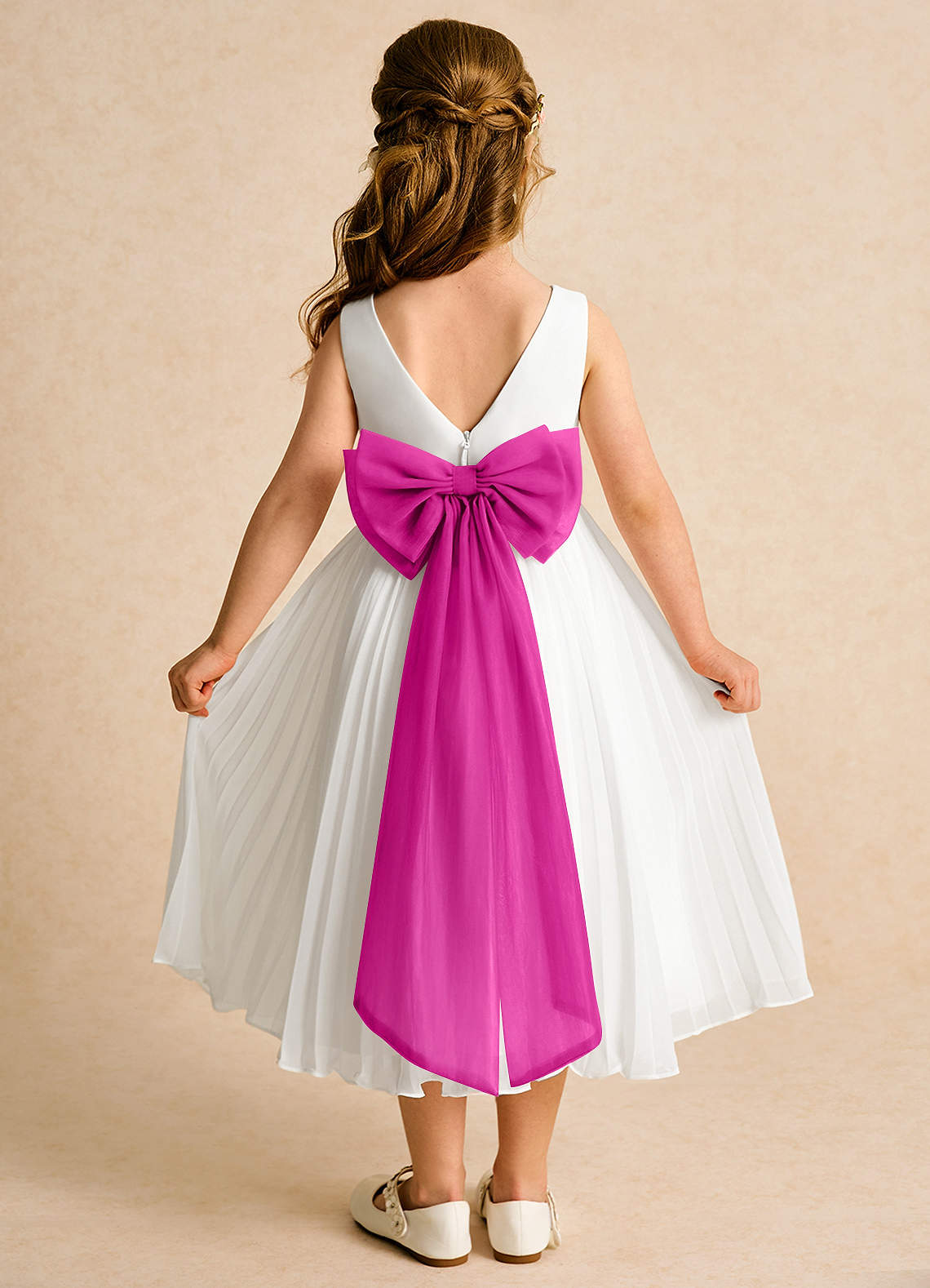 Azazie Margot Abiti da Ragazza di Fiori Abito A-Line in Chiffon Plissettato Avorio Fucsia image1