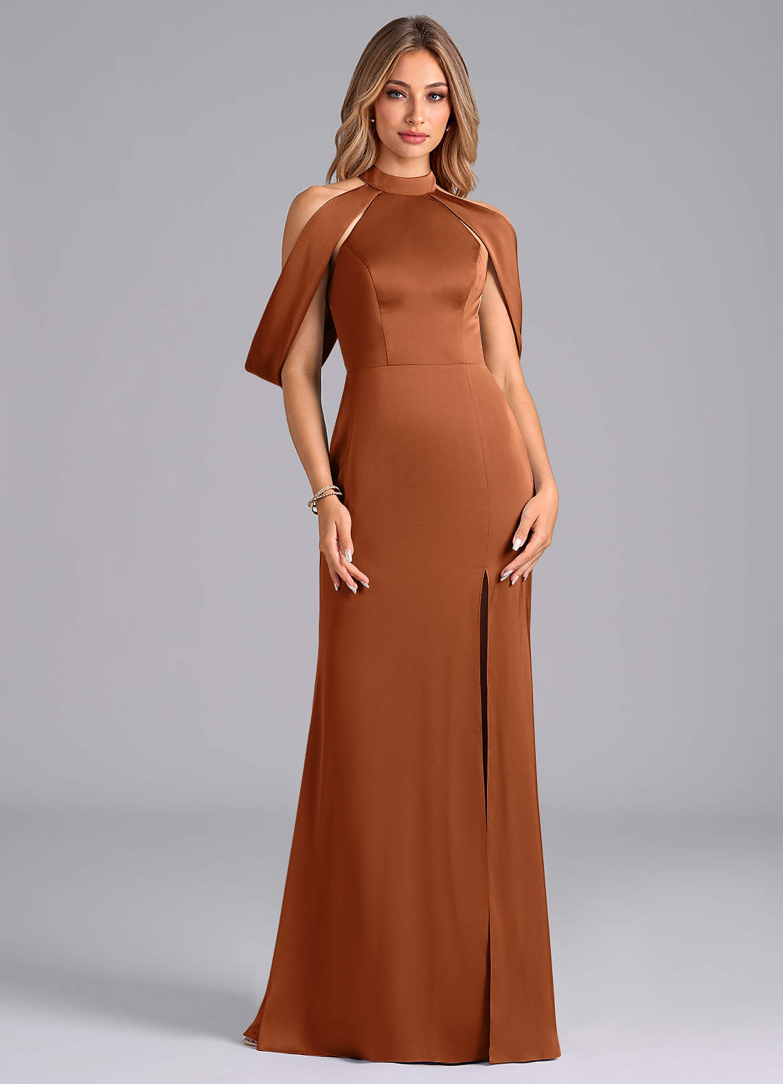 Azazie Bonny Jurken voor bruidsmeisjes Jurk van Stretch Satijn met Zeemeermin Off the Shoulder Koper image1