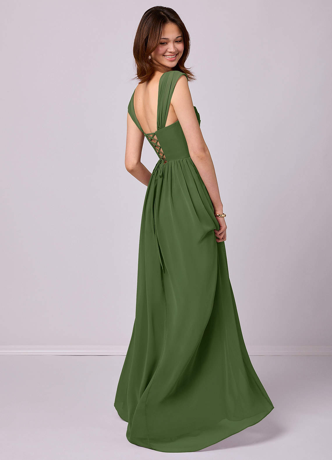 Barbie ♥ Azazie Bridesmaid Dresses Olive A-Line Corset Chiffon Dress image3