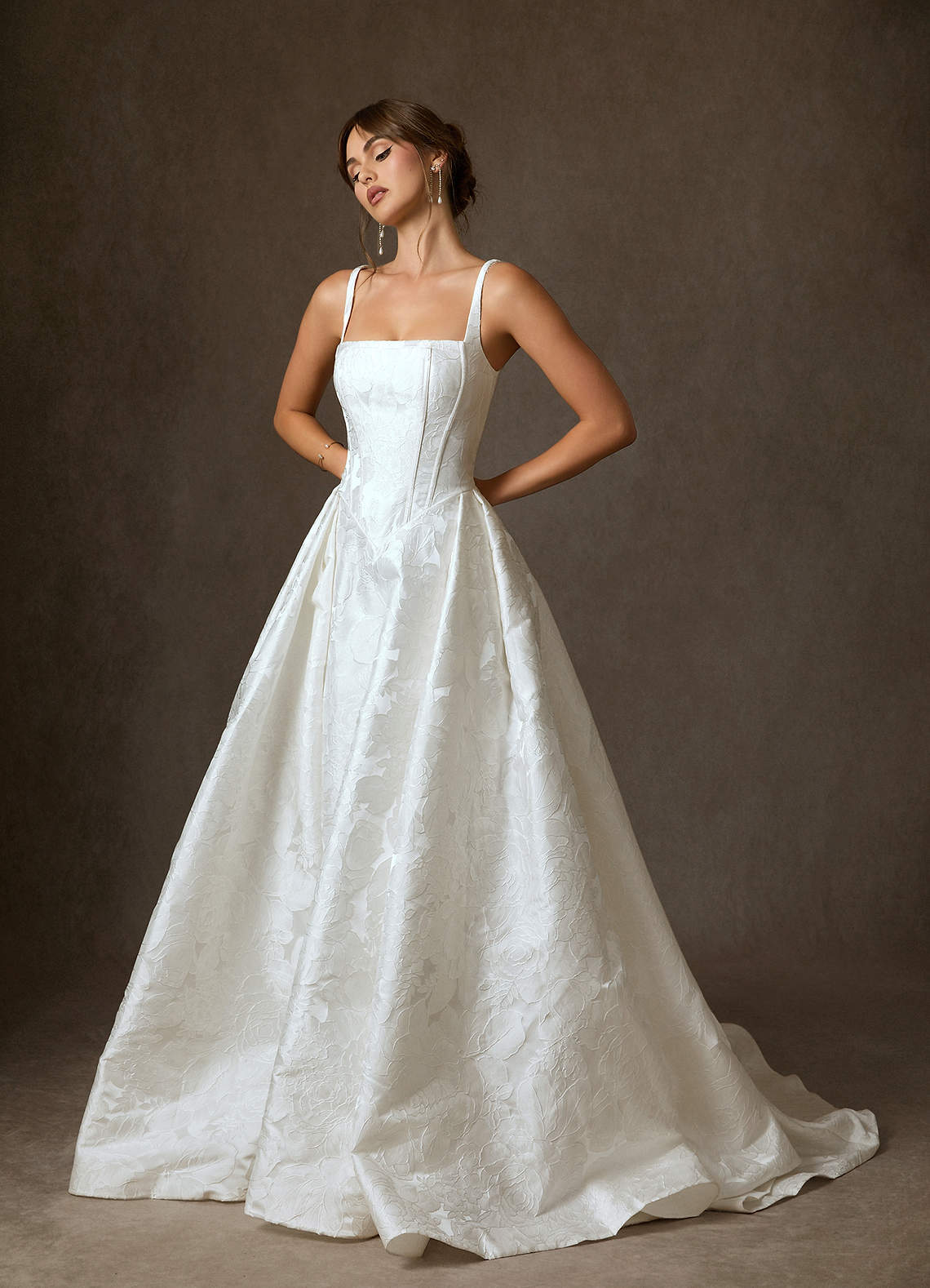 Azazie Delvina Wedding Dresses Diamond White Ball-Gown with Pockets Floral Jacquard Dress image3