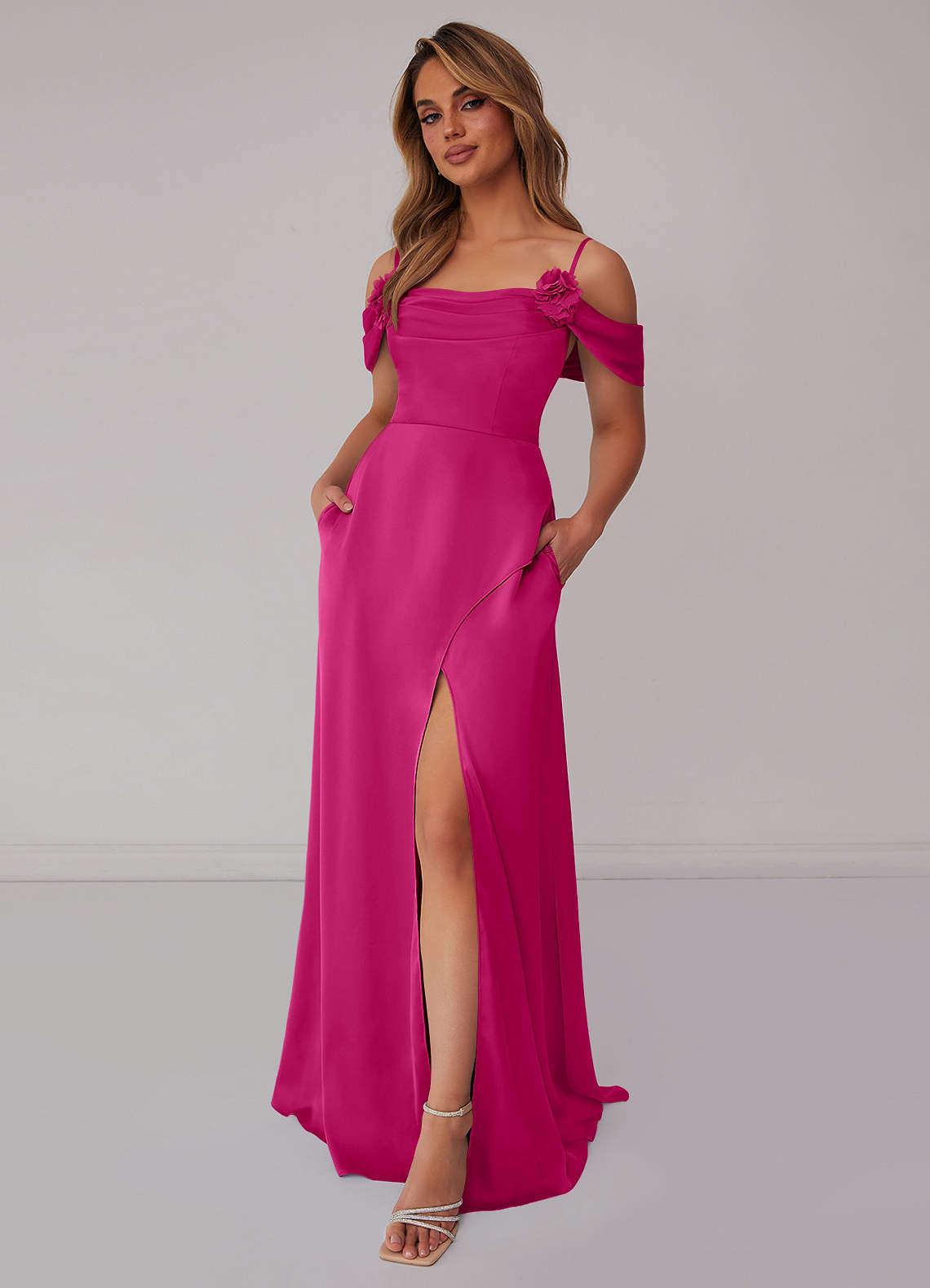 Barbie ♥ Azazie At-home Try On Dresses Rosette Cowl Stretch Satin A-Line Dress image1