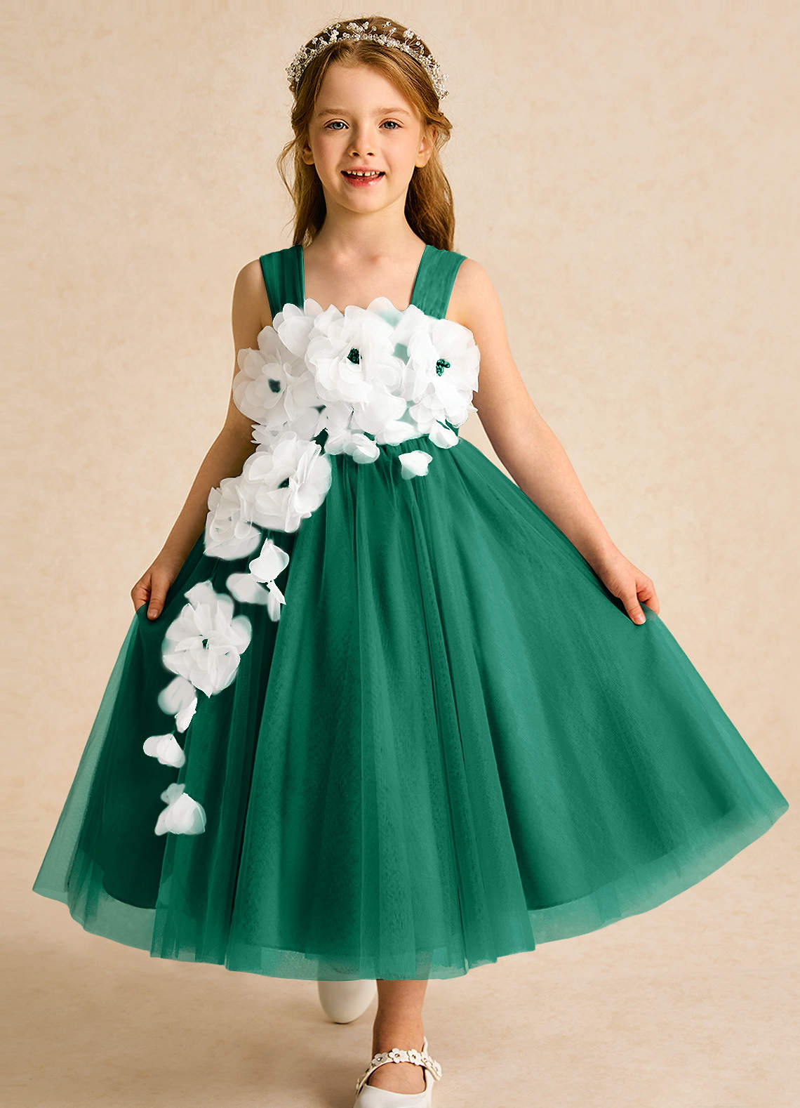 Azazie Ball-Gown Square Neck Tea-Length Tulle Flower Girl Dresses - Emerald