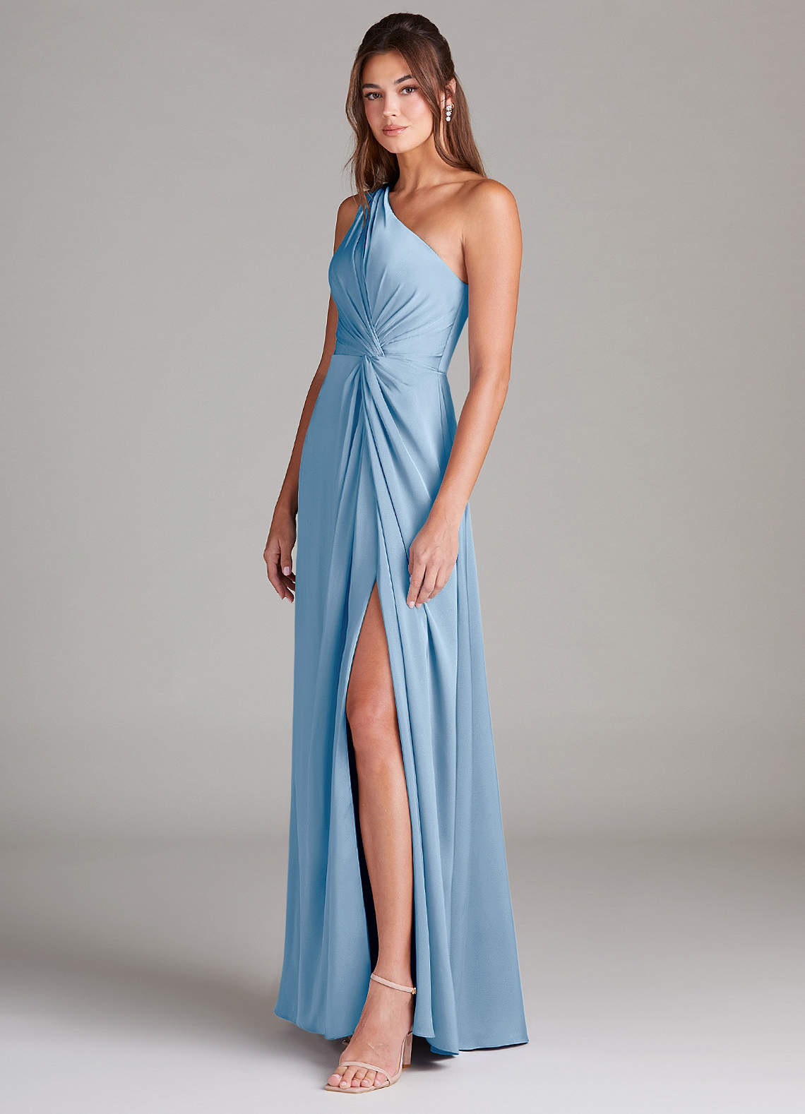 Azazie Brooke Bridesmaid Dresses Powder Blue A-Line One Shoulder Stretch Satin Dress image5