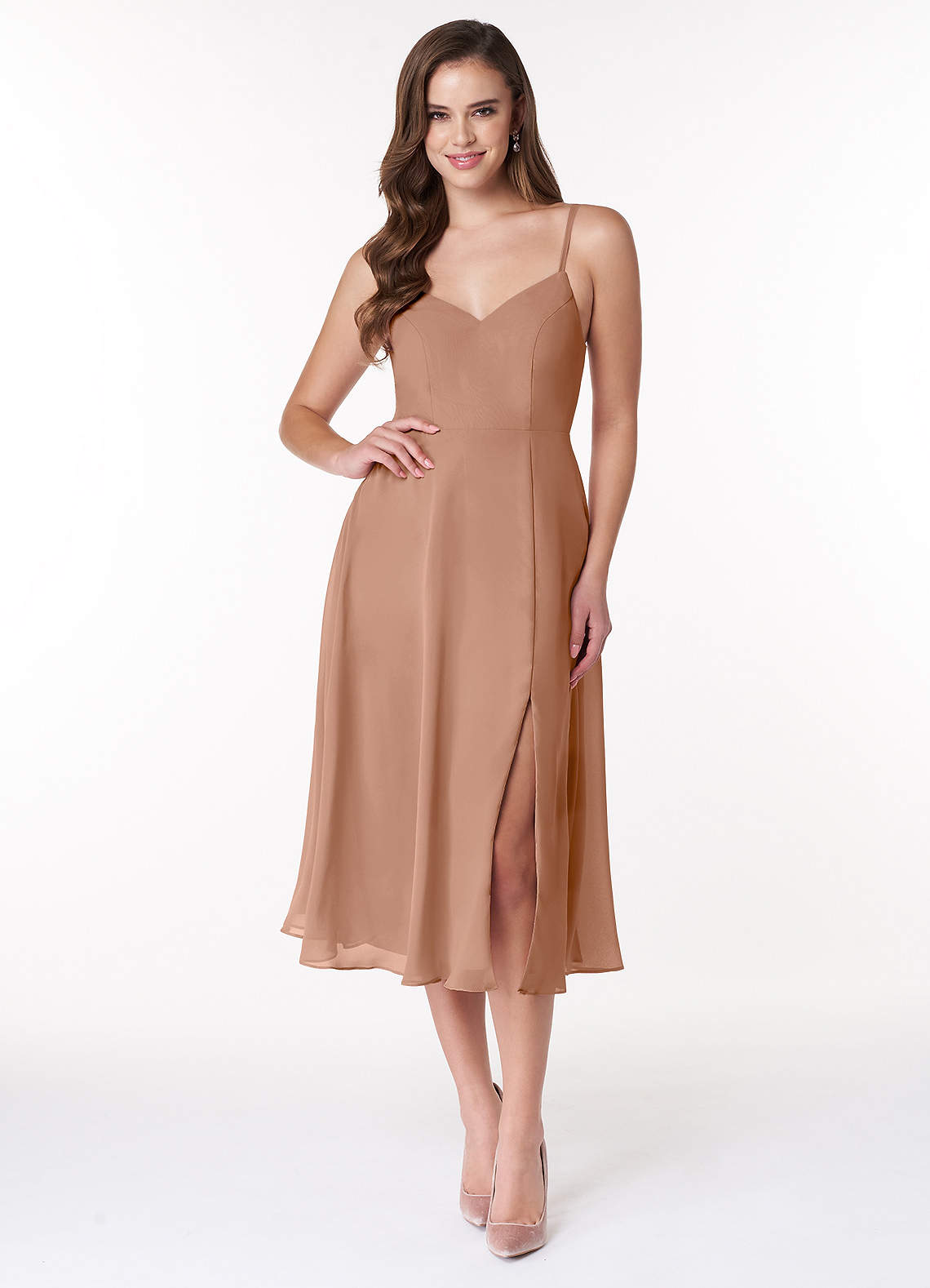 Azazie Clarissa Bridesmaid Dresses Champagne Rose A-Line V-Neck Chiffon Dress image1