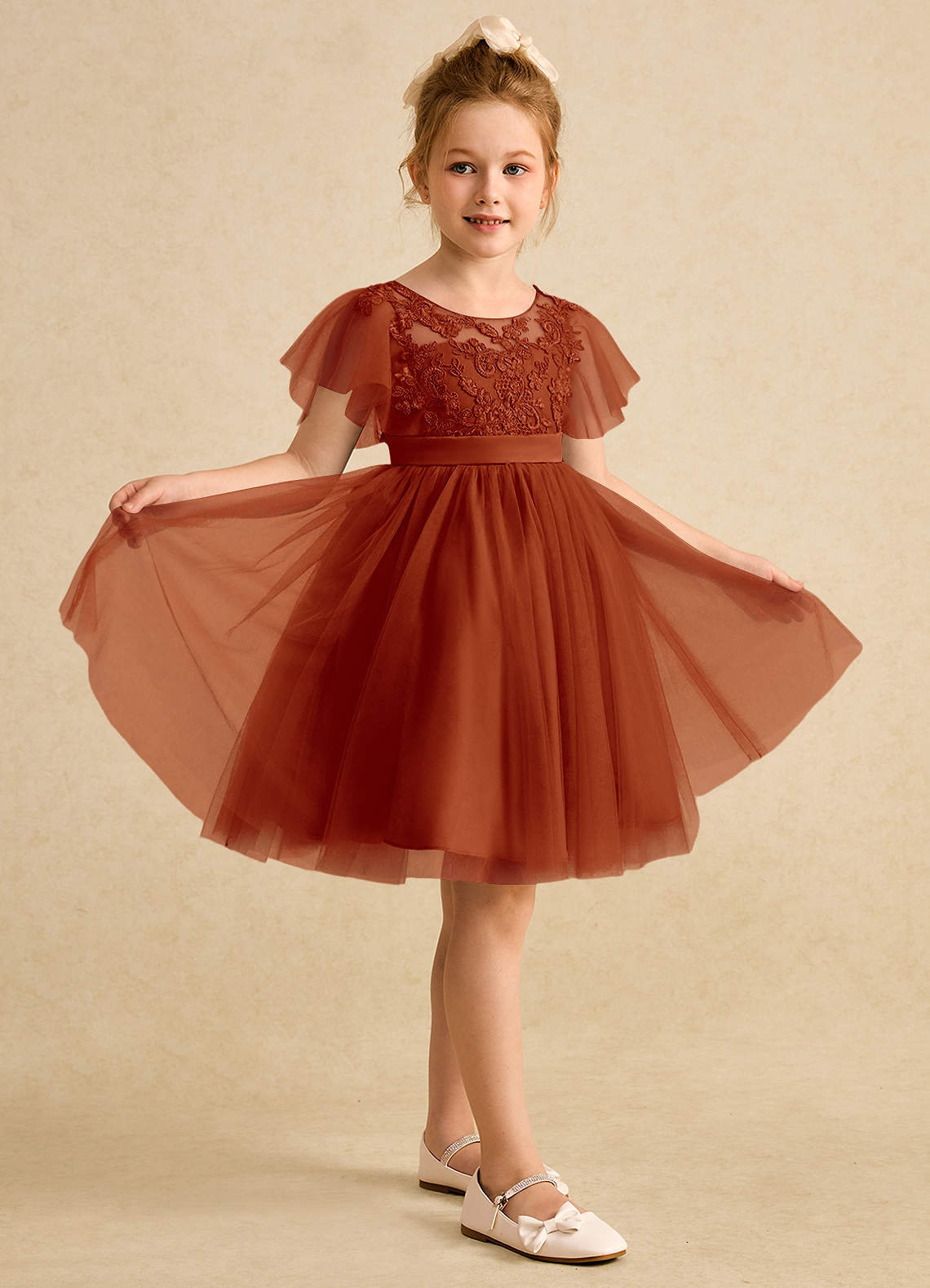 Azazie Queenie Flower Girl Dresses Paprika A-Line Lace Dress image4