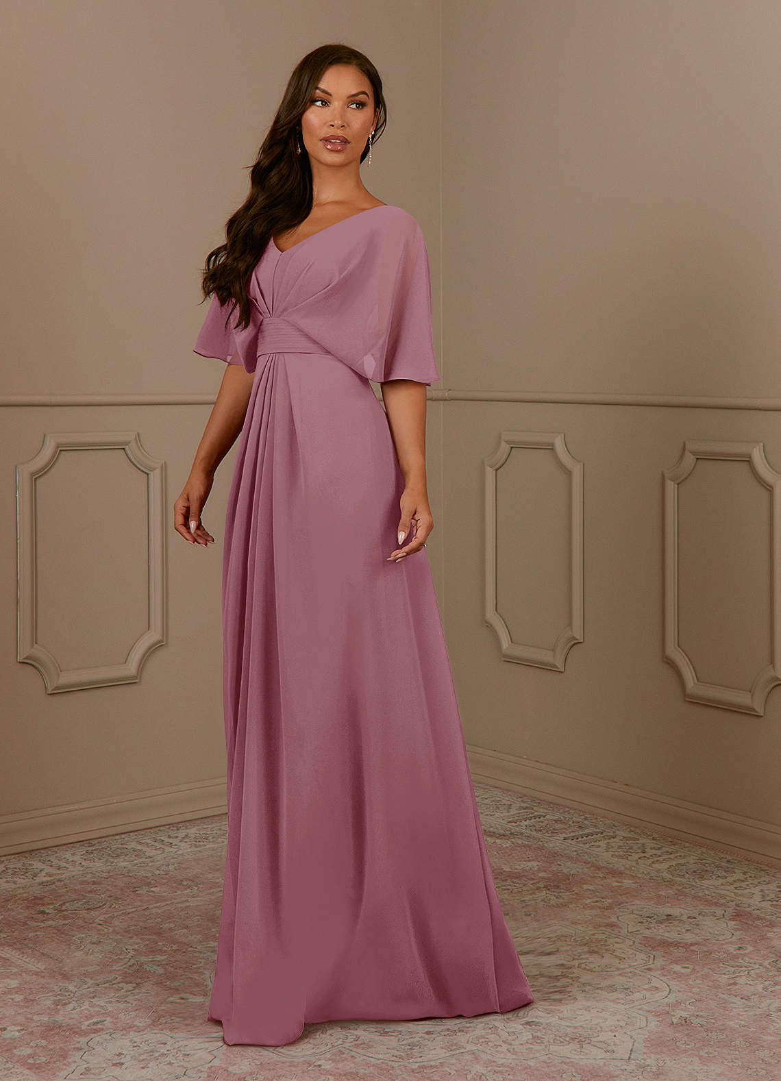 Azazie Oksana Kleider für die Brautmutter A-Linie V-Hals Gefaltet Chiffon Kleid Vintage Mauve image1