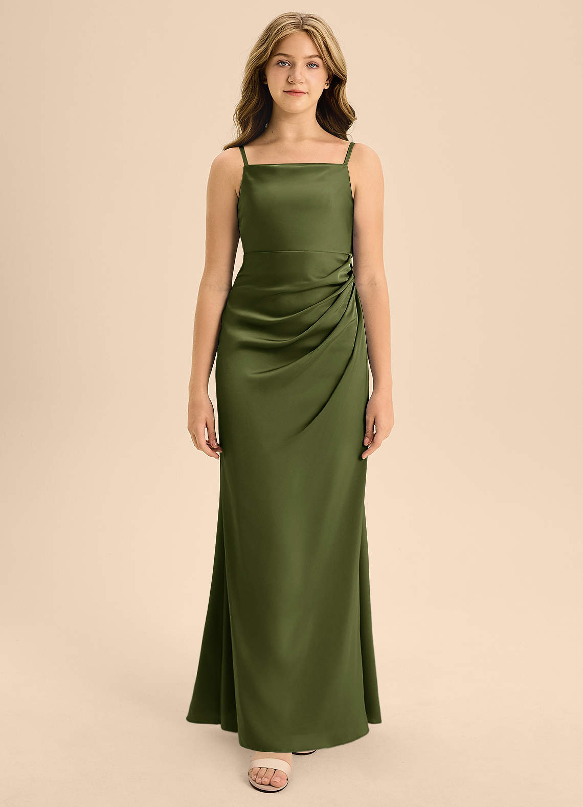 Azazie Renna Junior Vestido de Oliva de Satén Elástico de Corte en A con Plisado image5