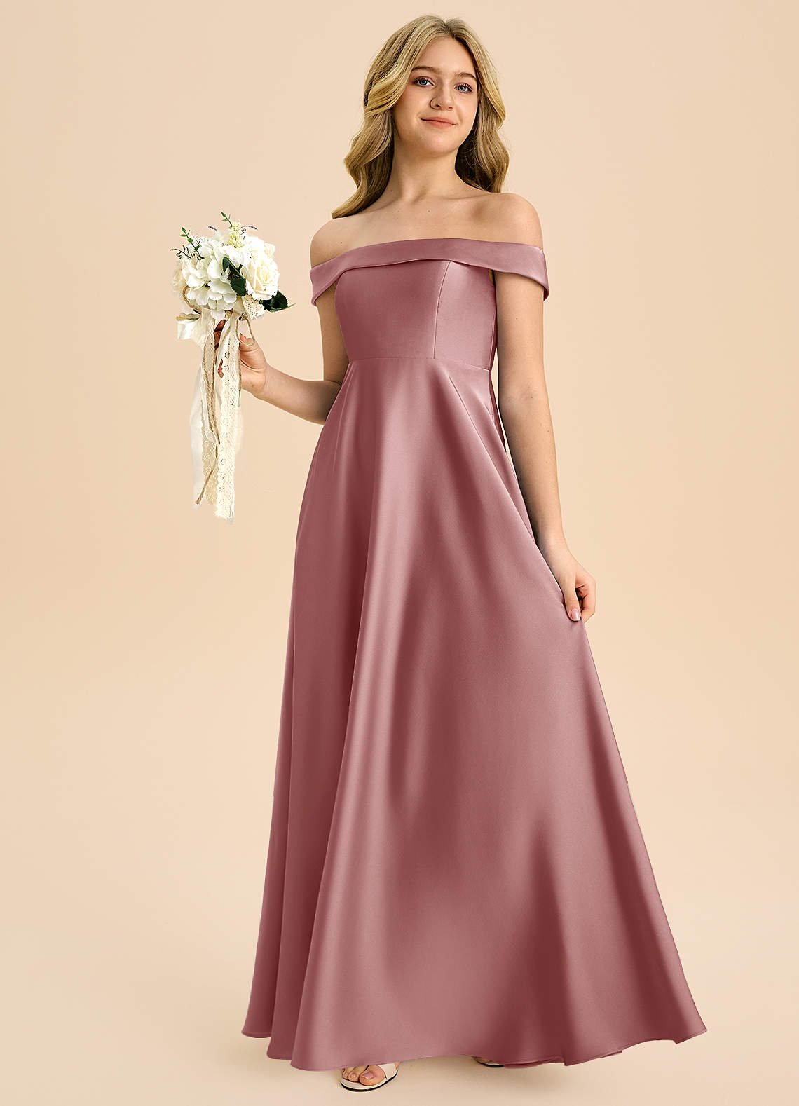 Azazie Sissy Junior Klä av A-Line i Stretch Satin Av axeln image2