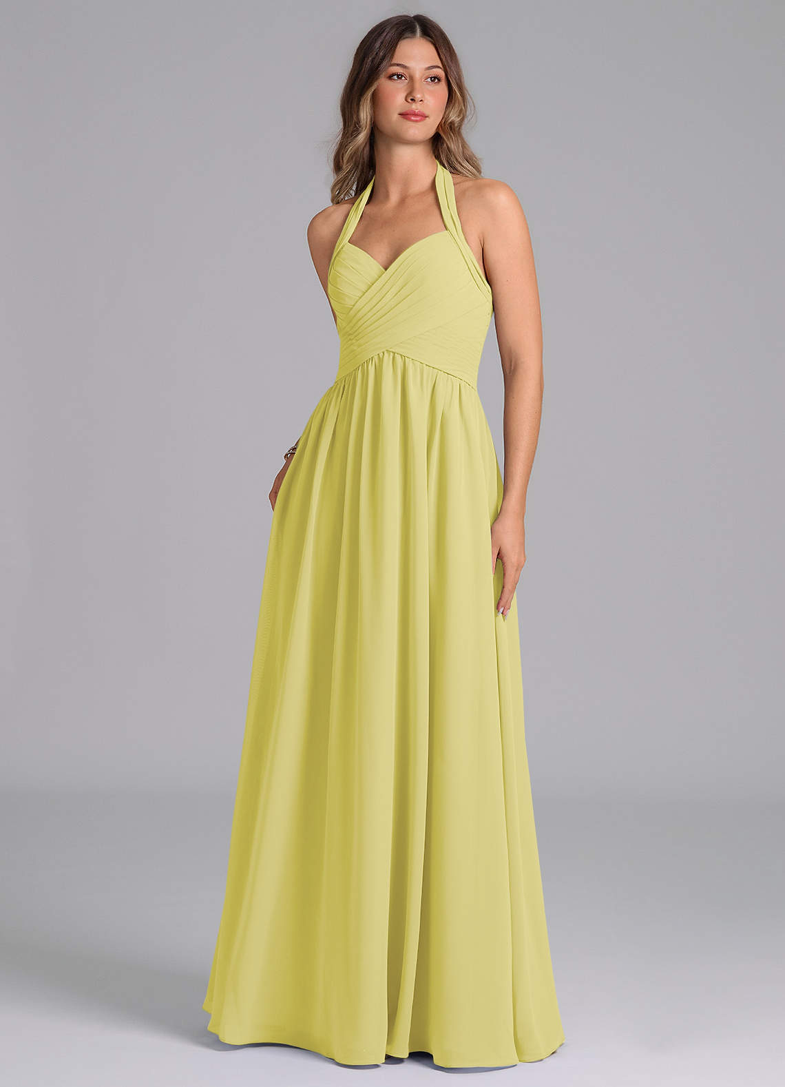 Azazie Darlyn 신부 들러리 드레스 A라인 주름진 쉬폰 바닥 길이 드레스 image1