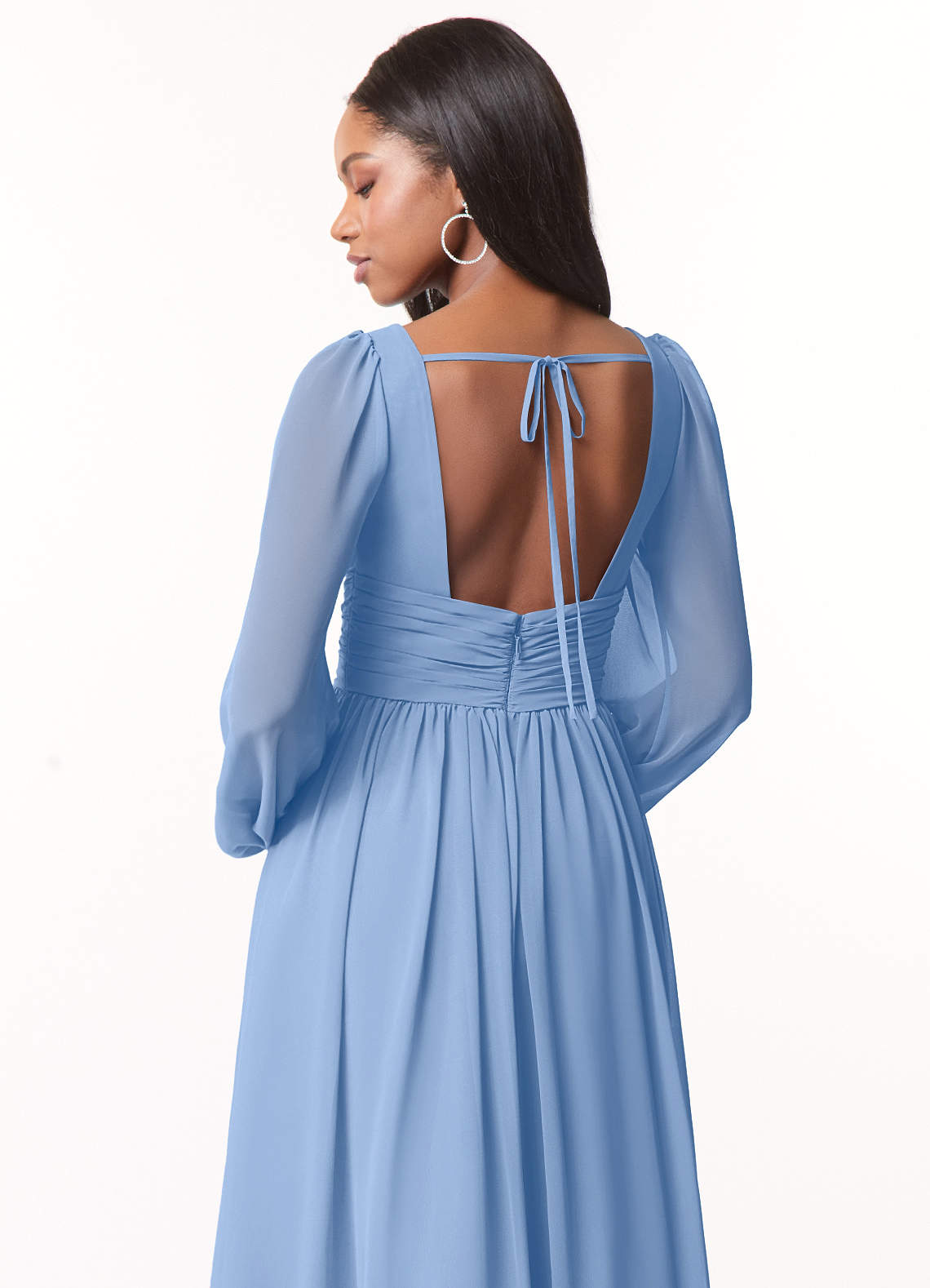 Azazie Norah Bridesmaid Dresses Steel Blue A-Line V-Neck Long Sleeve Chiffon Dress image2