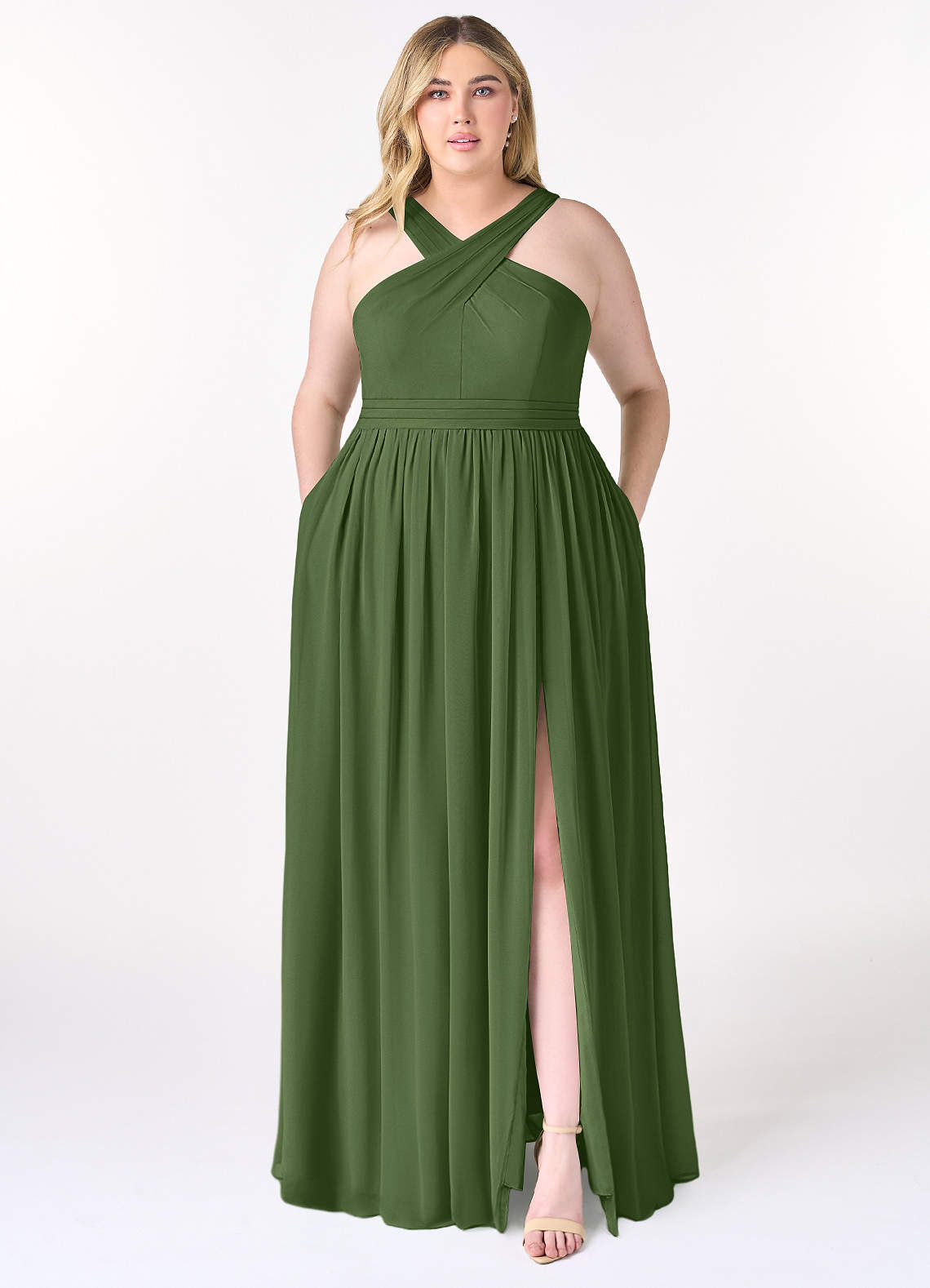 Azazie Elvira Bridesmaid Dresses Olive A-Line Pleated Chiffon Dress image1
