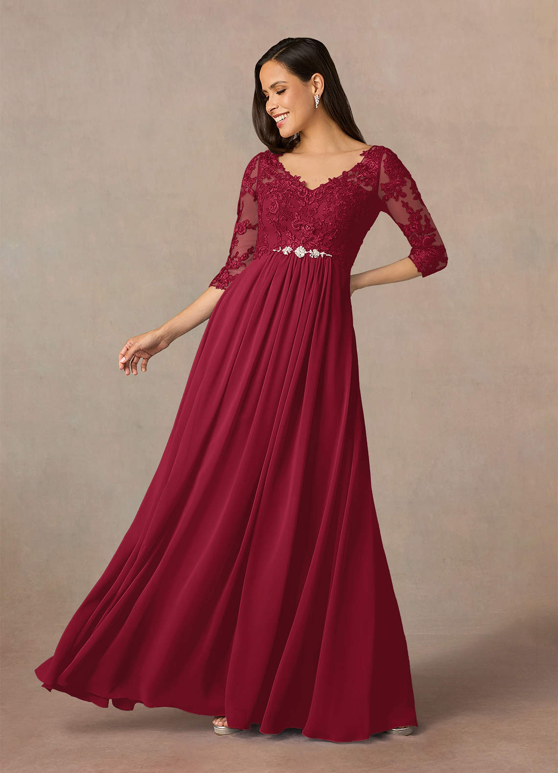 Azazie Hayek Mother of the Bride Dresses Burgundy A-Line V-Neck Lace Chiffon Dress image1