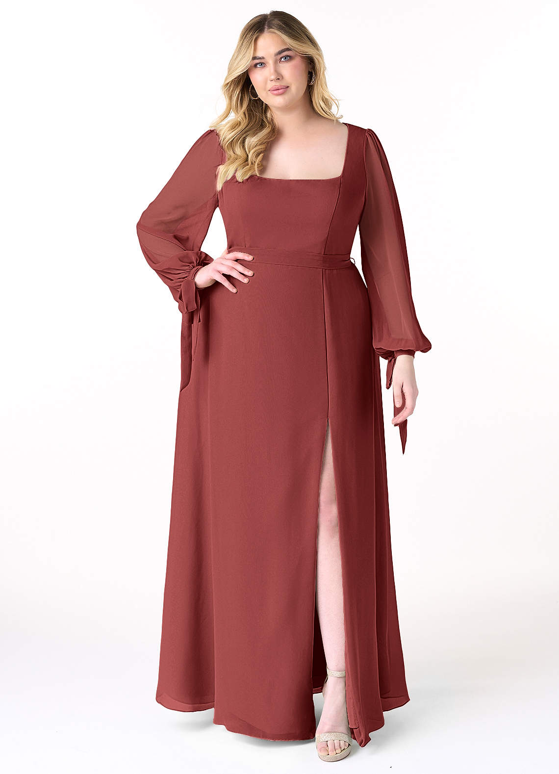 Azazie Leonia Abiti da Damigella Abito A-Line in Chiffon Maniche Lunghe Terracotta image1
