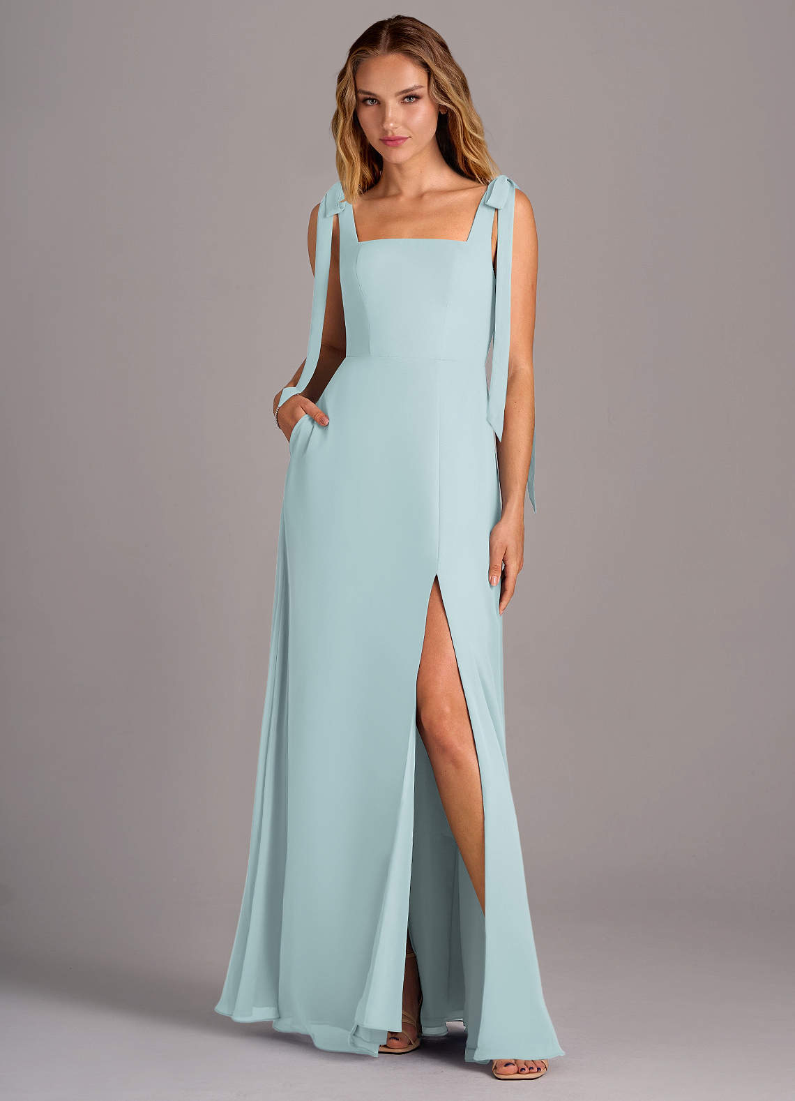 Azazie Debra Bridesmaid Dresses Mist A-Line with Pockets Chiffon Convertible Dress image1