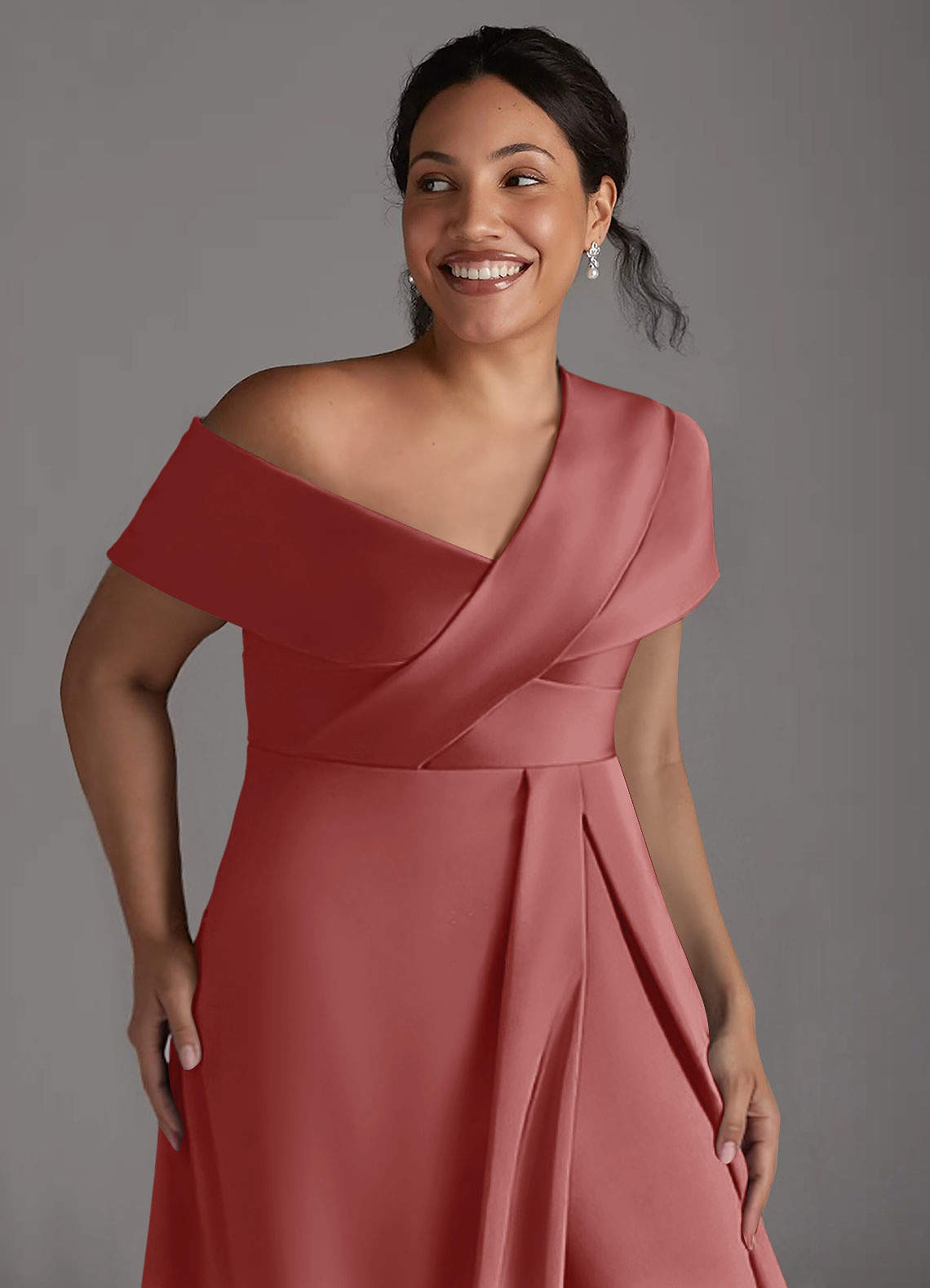 Azazie Milton Mother of the Bride Dresses Antique Rose A-Line Pleated Stretch Satin Dress image12