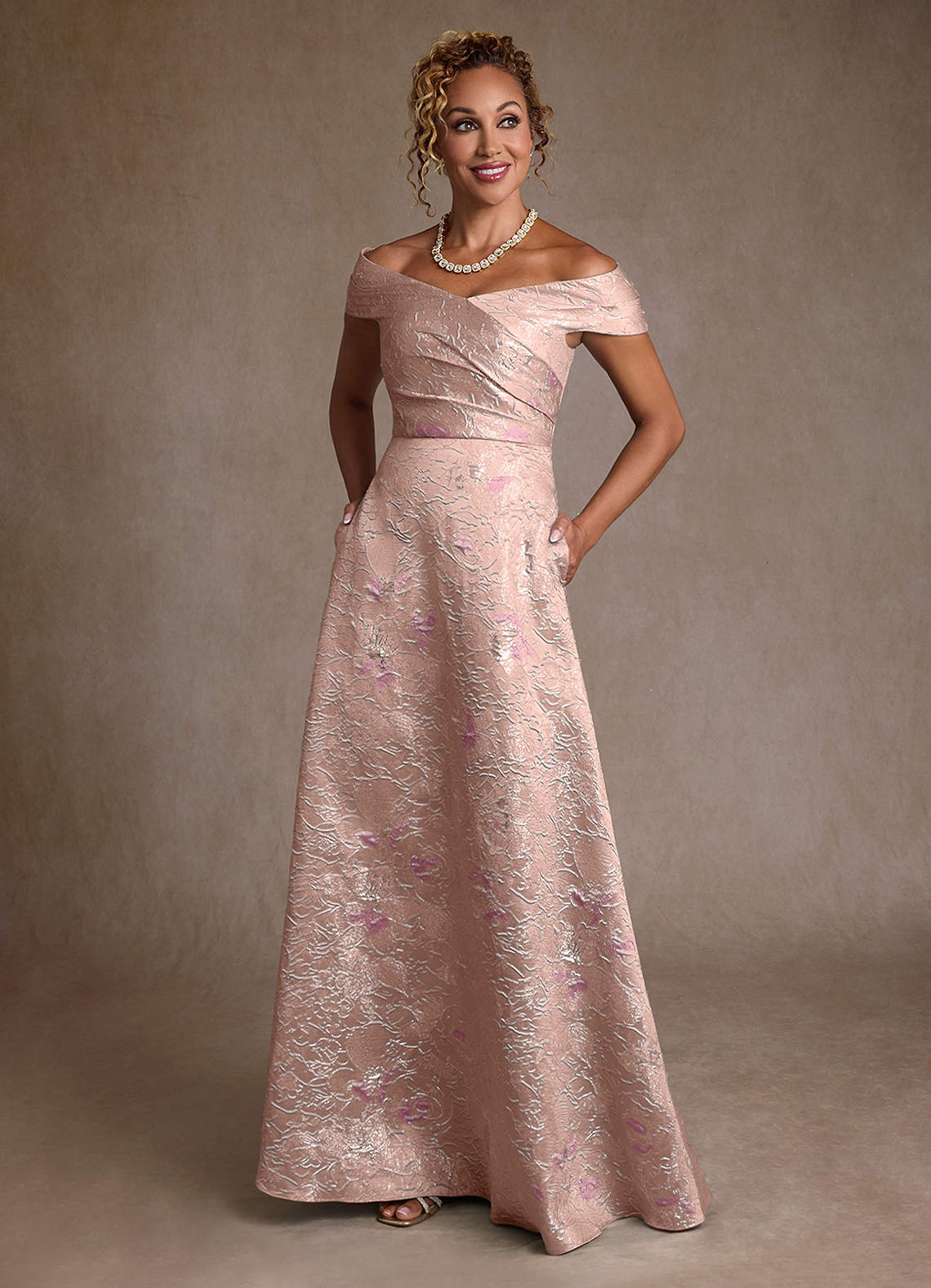 Azazie Lacey Coral Jacquard A-Line Off the Shoulder Floral
