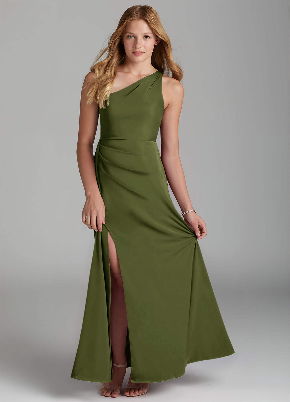 Azazie Maron Junior Olive A-Line Pleated Stretch Satin Dress image1