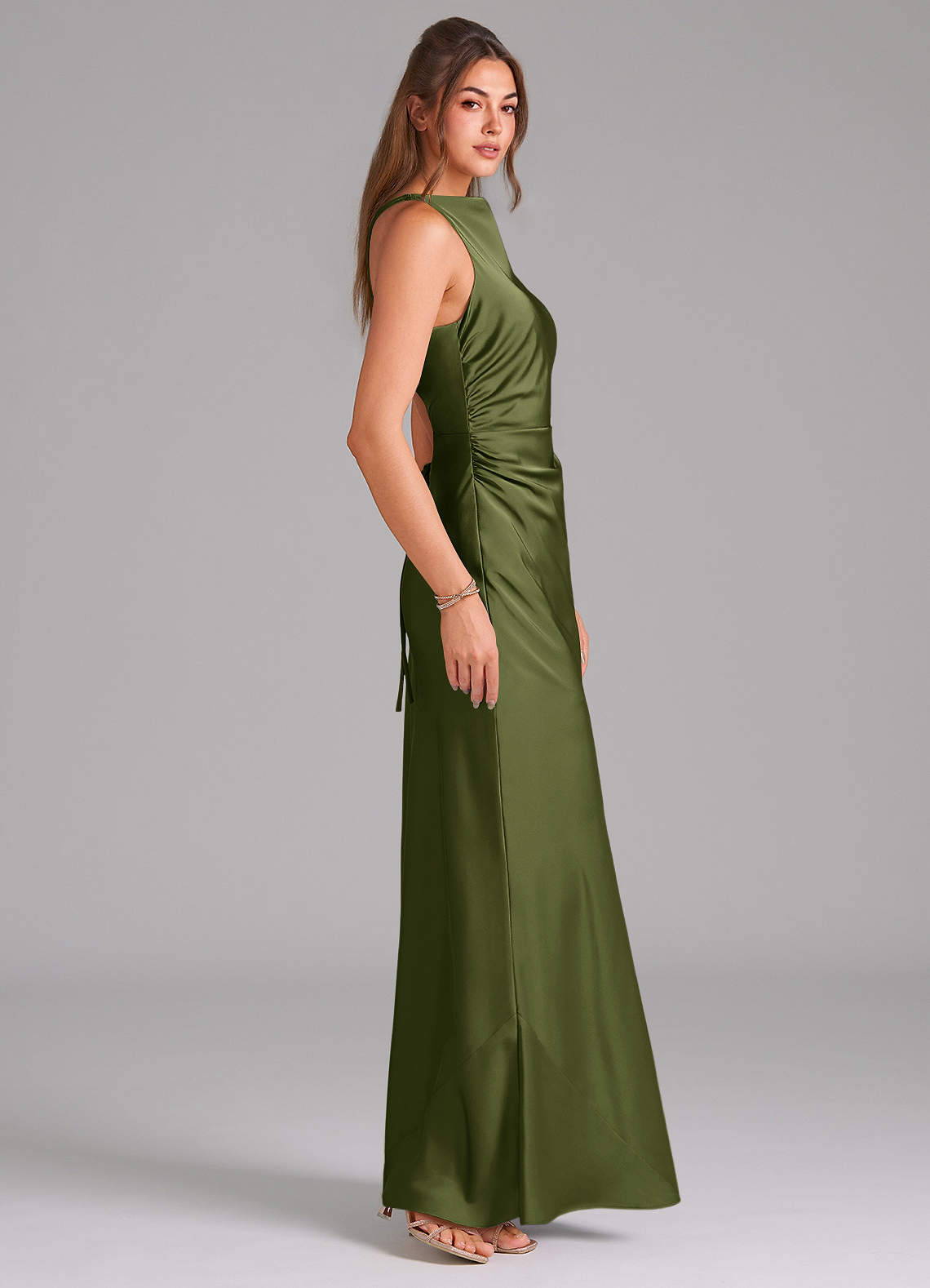 Azazie Evadne Bridesmaid Dresses Olive Sheath Pleated Stretch Satin Dress image3